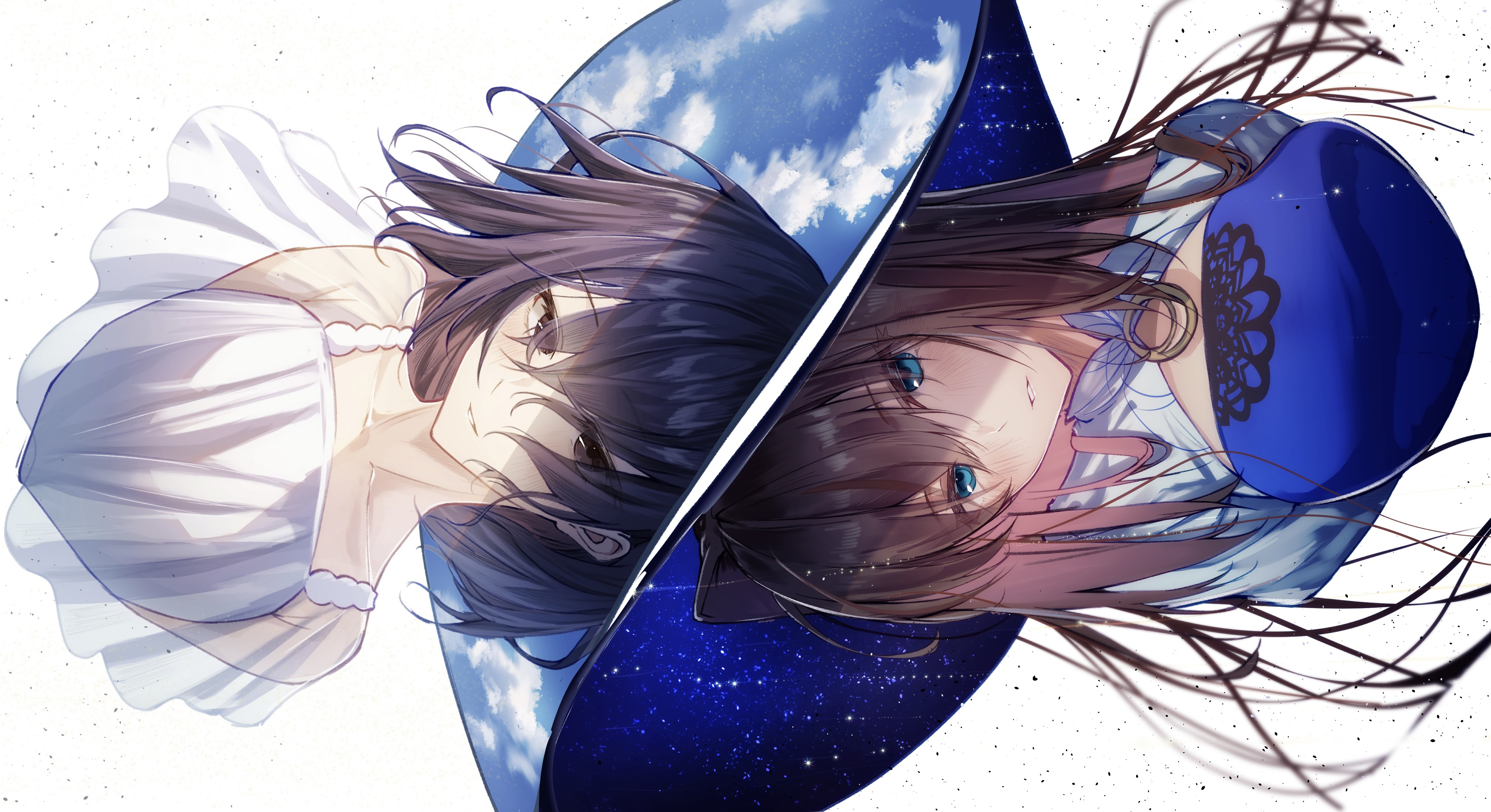 toomishou, aozaki aoko, aozaki aoko (celebratory attire), kuonji alice, fate/grand order, fate (series), mahou tsukai no yoru, absurdres, highres, 2girls, blending, blue dress, blue eyes, blue hat, blue sky, blush, breasts, brown eyes, brown hair, cloud, collarbone, cropped arms, double exposure, dress, hair intakes, hat, kuonji alice (second ascension), large breasts, light blush, long hair, looking at viewer, multiple girls, parted lips, purple hair, short hair, shrug (clothing), sidelocks, simple background, sky, white background, white dress, white hat, white shrug, witch
