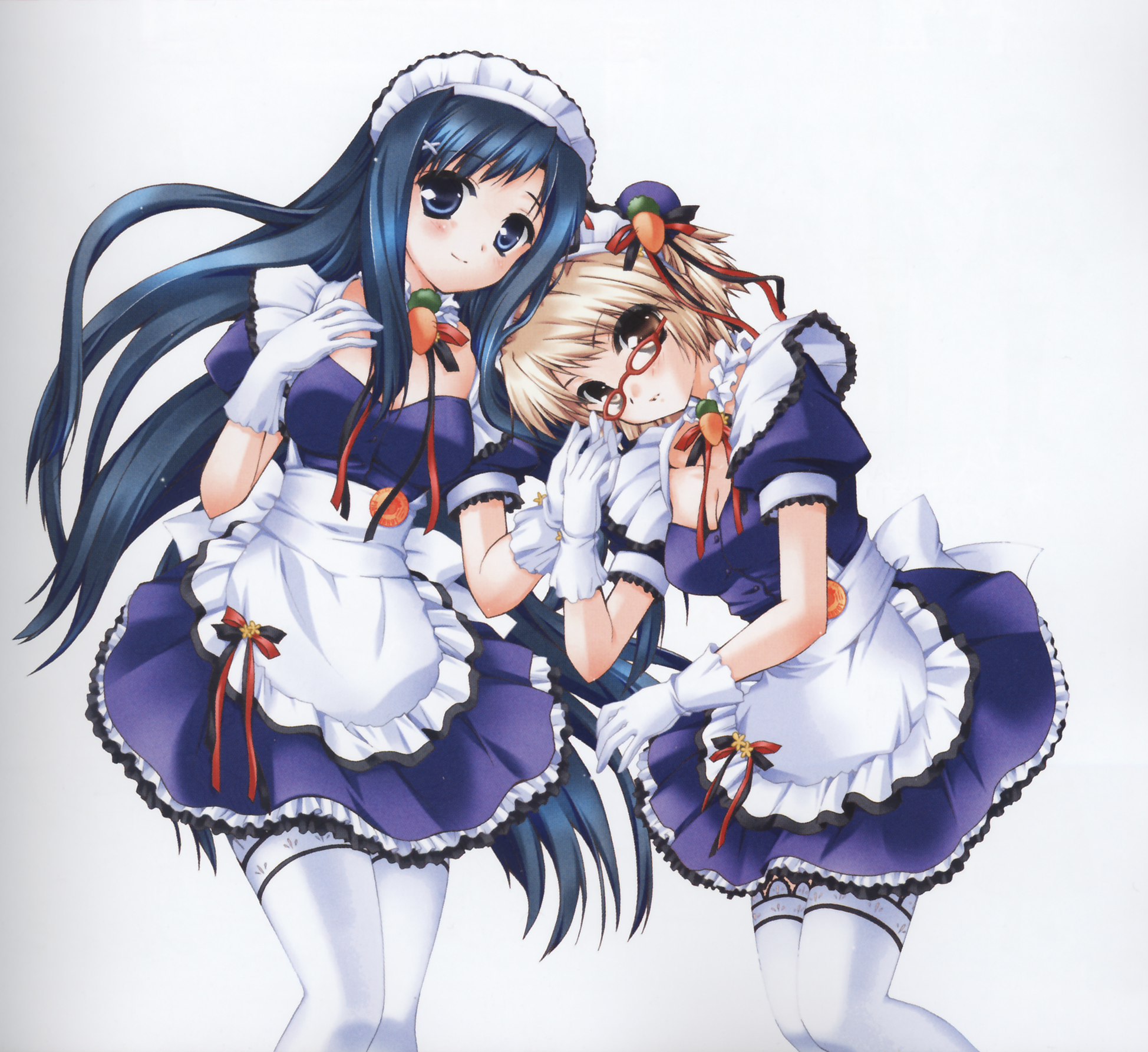 misaki tokiwa, riku fumika, pia carrot (series), pia carrot e youkoso!!, white legwear, highres, 1990s (style), 2girls, apron, blonde hair, blue eyes, blue hair, brown eyes, carrot, choker, glasses, gloves, hair ornament, hair ribbon, maid, maid apron, multiple girls, red-framed eyewear, ribbon, thighhighs, waitress, white gloves, yuri