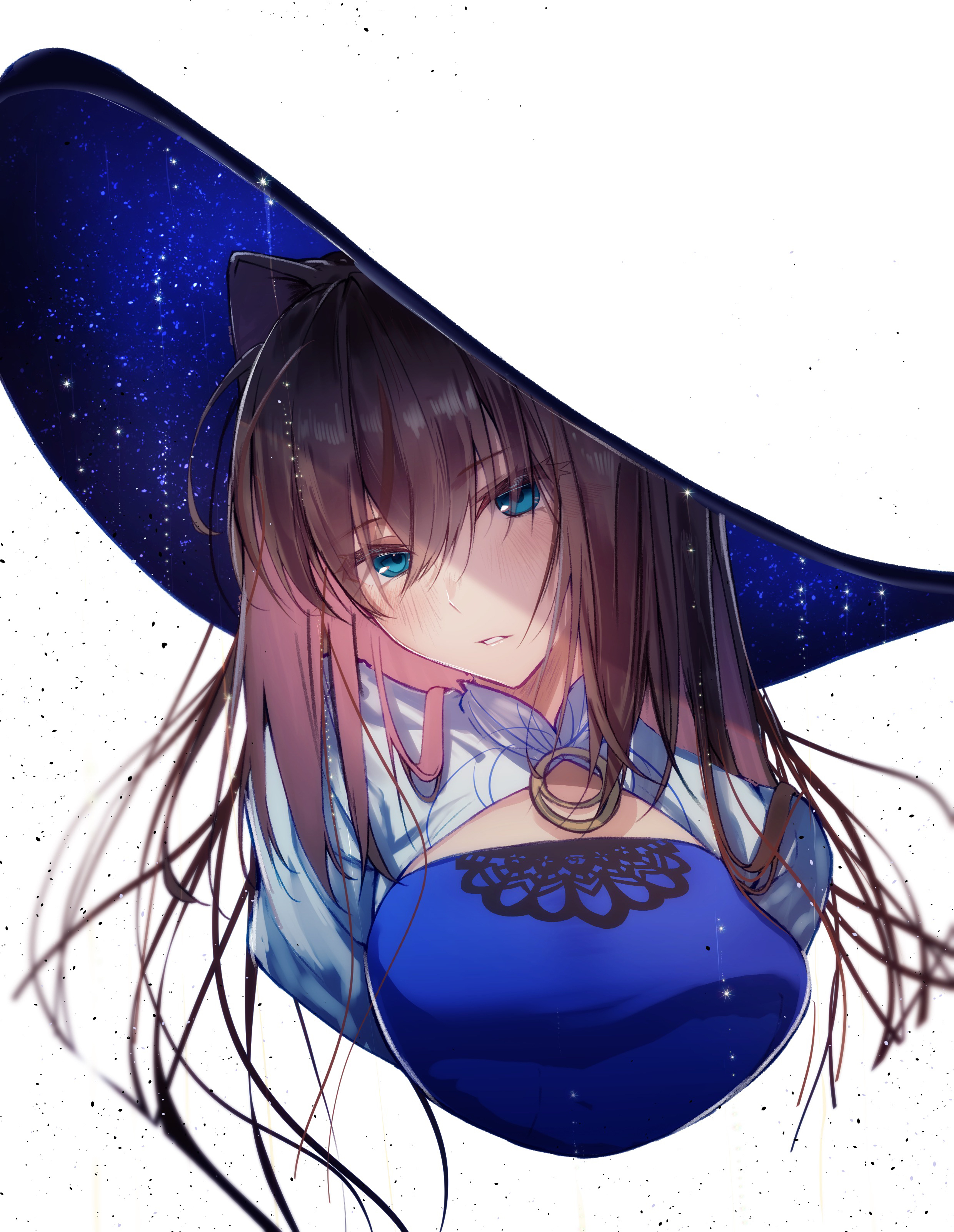 toomishou, aozaki aoko, aozaki aoko (celebratory attire), fate/grand order, fate (series), absurdres, highres, 1girl, blending, blue dress, blue eyes, blue hat, blush, breasts, brown hair, double exposure, dress, hair intakes, hat, large breasts, long hair, looking at viewer, shrug (clothing), sidelocks, solo, white hat, white shrug, witch