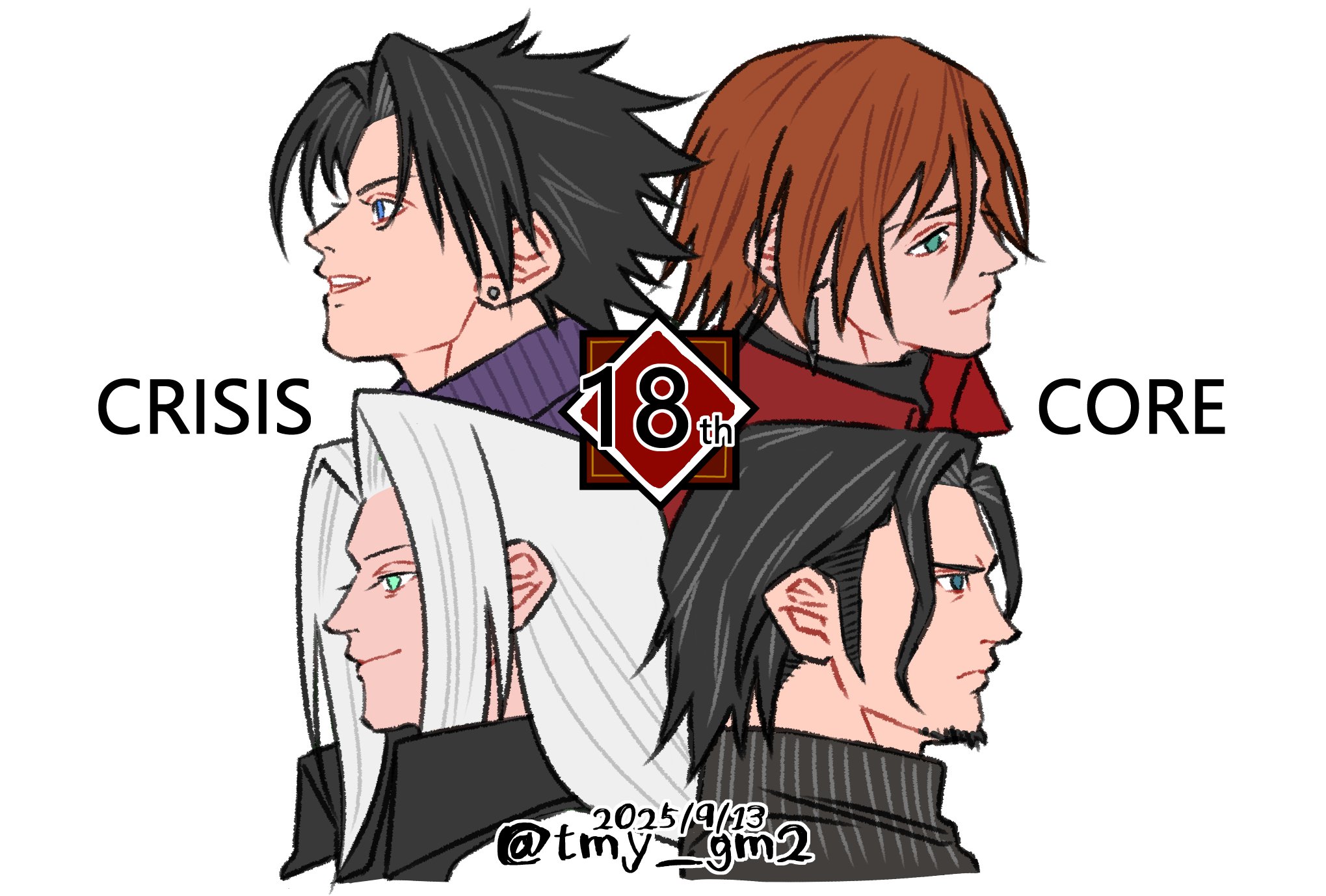 tmy gm2, angeal hewley, genesis rhapsodos, sephiroth, zack fair, crisis core final fantasy vii, final fantasy, final fantasy vii, highres, 4boys, aqua eyes, beard, black coat, black hair, black shirt, blue shirt, brown hair, chinstrap beard, closed mouth, coat, earrings, facial hair, furrowed brow, grey hair, hair between eyes, jewelry, long hair, male focus, multiple boys, open mouth, parted bangs, red coat, shirt, short hair, sideburns, single earring, smile, turtleneck, twitter username, upper body, white background