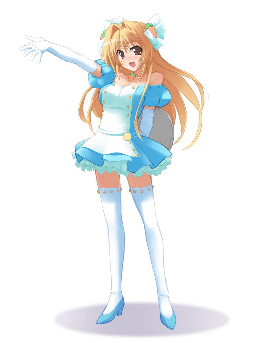 hinata mutsuki, kinoshita rumi, pia carrot (series), pia carrot e youkoso!!, highres, 1990s (style), 1girl, bare shoulders, blonde hair, bow, brown hair, carrot hair ornament, carrot necklace, elbow gloves, female focus, food-themed hair ornament, gloves, hair bow, hair ornament, jewelry, necklace, retro artstyle, solo, thighhighs, tray, waitress, white gloves, white thighhighs, zettai ryouiki
