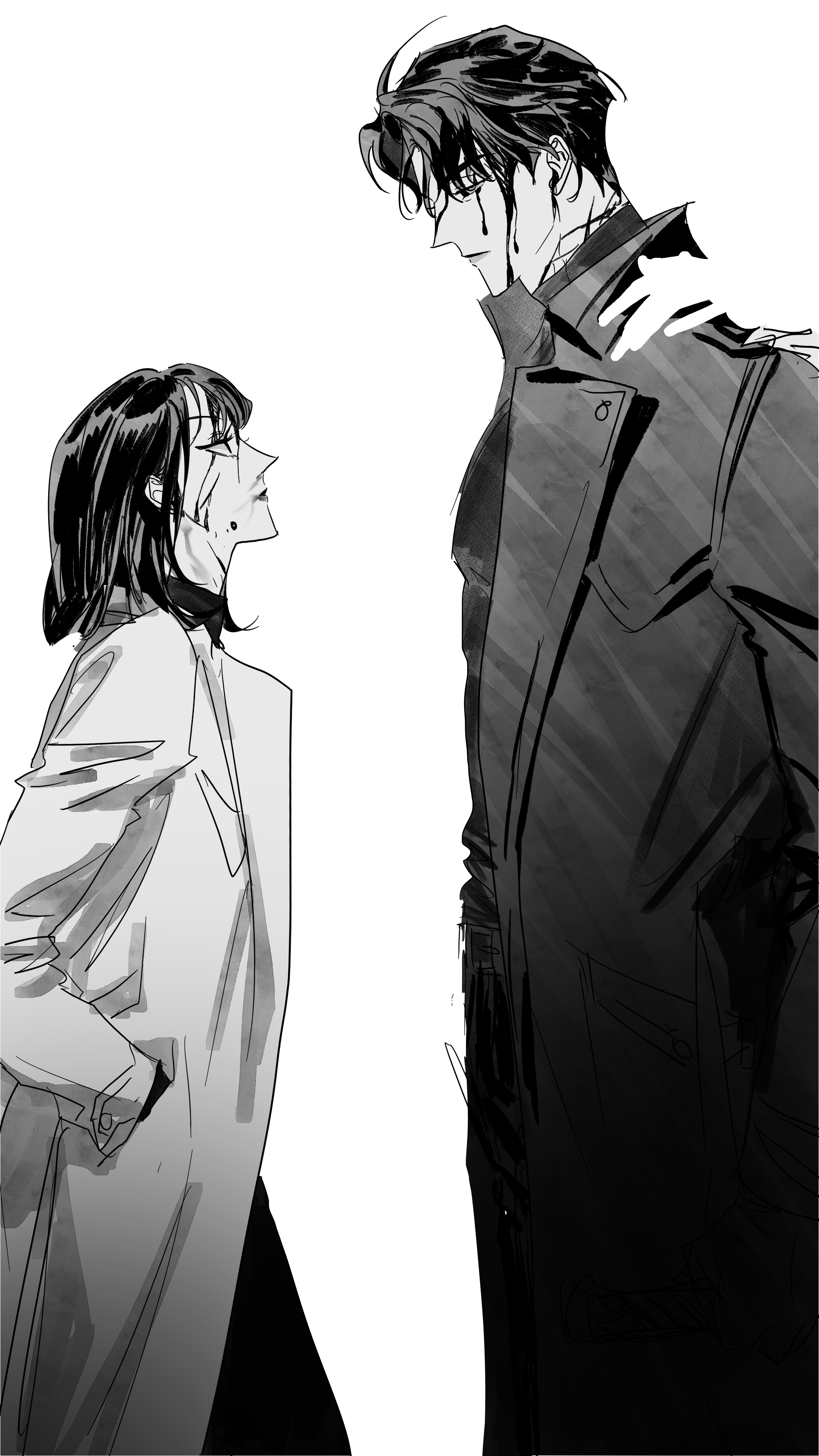 han sooyoung, kim dokja, yoo joonghyuk, omniscient reader's viewpoint, absurdres, commentary request, highres, korean commentary, 1girl, 2boys, black coat, black hair, black shirt, blood, blood from forehead, blood on face, blood splatter, bob cut, coat, collared shirt, demon horns, expressionless, eyesoffyou0003, feathered wings, feet out of frame, greyscale, hand in pocket, hand on another's shoulder, height difference, horns, looking at another, monochrome, multiple boys, open clothes, open coat, popped collar, shirt, short hair, silhouette, standing, white coat, white wings, wings