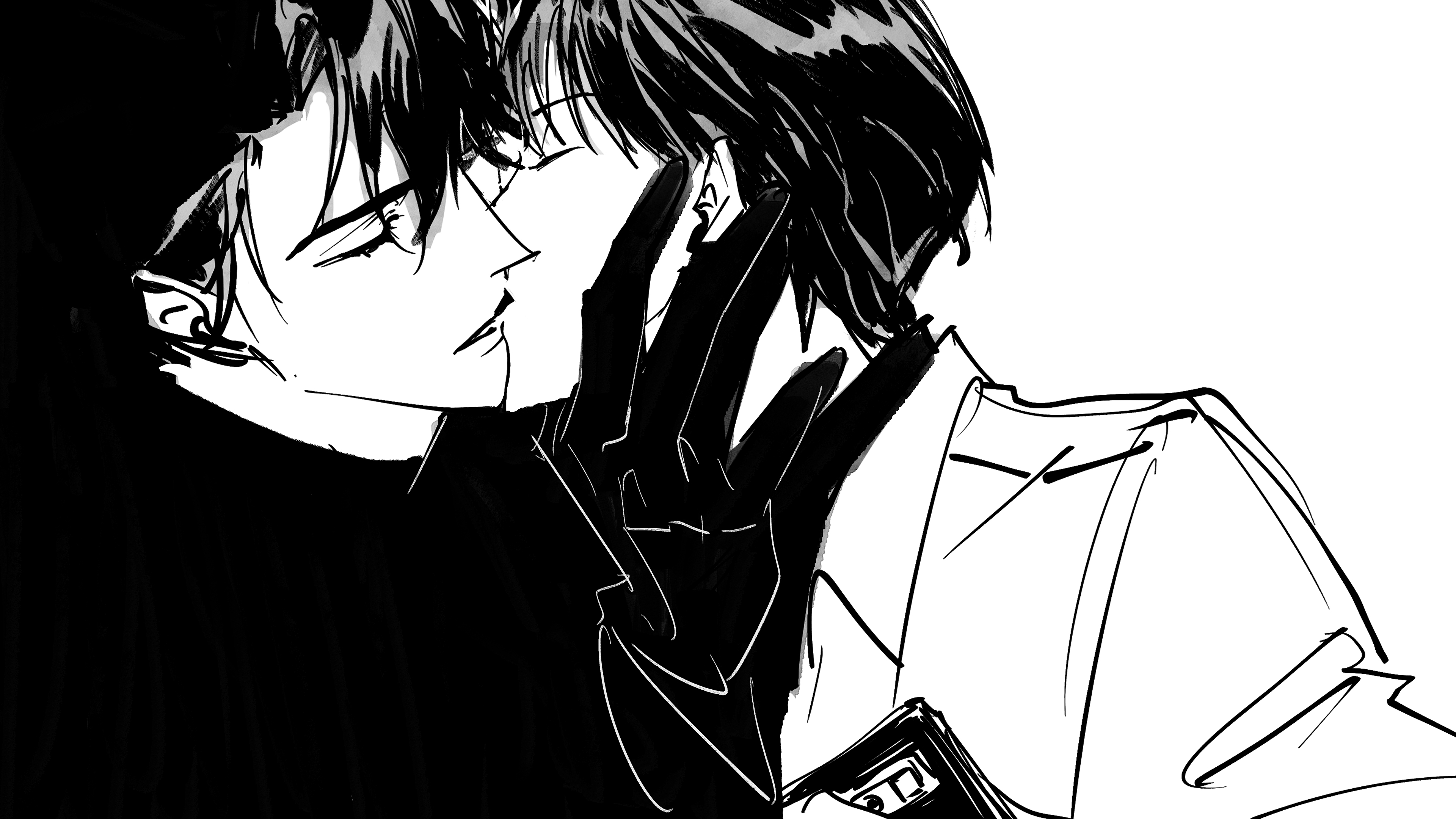 kim dokja, yoo joonghyuk, omniscient reader's viewpoint, absurdres, commentary request, highres, korean commentary, 2boys, black coat, black gloves, black hair, closed eyes, coat, color contrast, eyesoffyou0003, from side, gloves, hand on another's neck, holding, holding phone, kiss, male focus, multiple boys, phone, short hair, upper body, white coat, yaoi