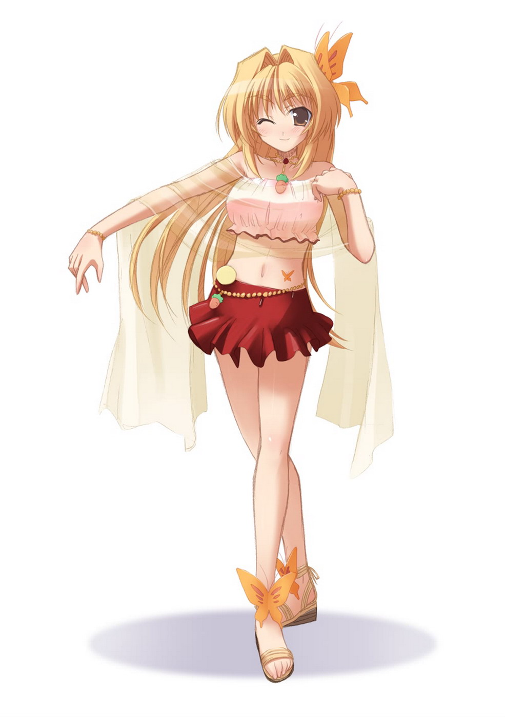 hinata mutsuki, kinoshita rumi, pia carrot (series), pia carrot e youkoso!!, highres, 1990s (style), 1girl, bare shoulders, blonde hair, bracelet, brown eyes, bug, butterfly, crop top, crossed legs, female focus, hair ornament, insect, jewelry, midriff, miniskirt, necklace, one eye closed, retro artstyle, see-through clothes, skirt, solo, waitress, watson cross, wink