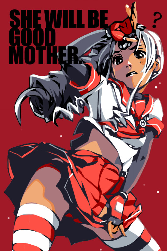 sanada-x, vista-tan, vistake, os-tan, silver hair, ?, dark-skinned female, dark skin, drill hair, english text, engrish text, long hair, ranguage, school uniform, serafuku, skirt, solo, striped clothes, striped thighhighs, thighhighs