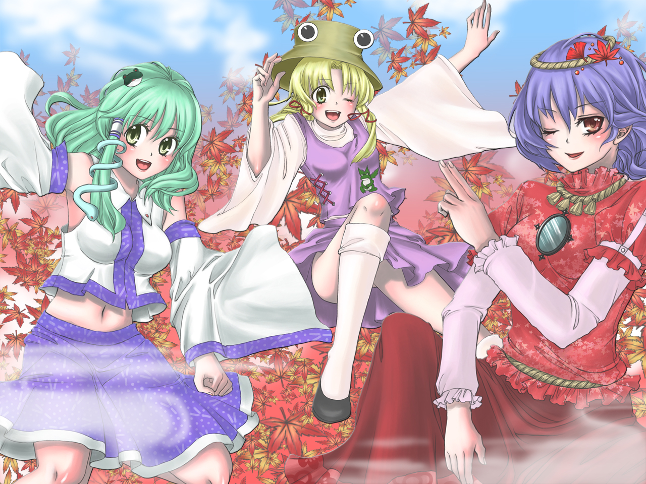 yuu (hi lite), kochiya sanae, moriya suwako, yasaka kanako, touhou, 3girls, blonde hair, blue hair, female focus, frog, green hair, hair ornament, hat, japanese clothes, leaf hair ornament, long hair, miko, multiple girls, ribbon, rope, short hair, snake, yuu wa