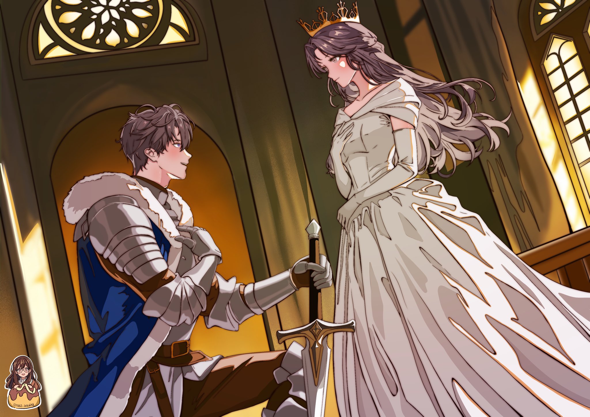caleb (love and deepspace), protagonist (love and deepspace), love and deepspace, highres, 1boy, 1girl, armor, armored boots, armored gloves, blue jacket, blush, boots, breasts, brown hair, brown pants, crown, dress, elbow gloves, feet out of frame, fur-trimmed jacket, fur trim, gloves, hair between eyes, hand on own chest, holding, holding sword, holding weapon, jacket, knight, long dress, long hair, medium breasts, on one knee, open mouth, pants, parted bangs, princess, short hair, shoulder armor, smile, sword, tako drawing, talking, weapon, white dress, white gloves, window