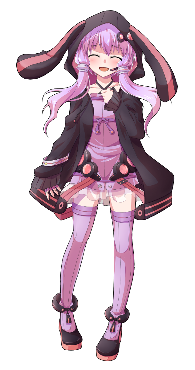 dairi, yuzuki yukari, voiceroid, commentary request, highres, large variant set, variant set, 1girl, :d, ^ ^, animal ear hood, black boots, black jacket, blush, boots, breasts, chest ribbon, closed eyes, collarbone, dress, facing viewer, fake animal ears, full body, groin, hair tubes, hand up, headset, hood, hood up, hooded jacket, jacket, microdress, open mouth, pinstripe thighhighs, purple dress, purple ribbon, purple thighhighs, ribbon, simple background, sleeves past wrists, small breasts, smile, solo, standing, straight-on, tachi-e, thighhighs, tongue, transparent background, zettai ryouiki