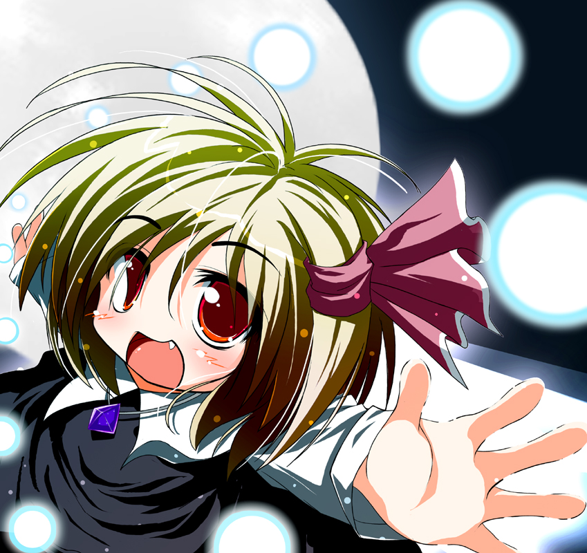 zein co1, rumia, embodiment of scarlet devil, touhou, 1girl, blonde hair, fang, female focus, red eyes, ribbon, short hair, smile, solo, upper body