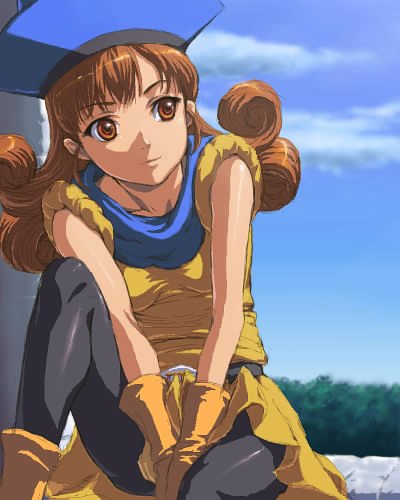 matsudo aya, alena (dq4), chunsoft, dragon quest, dragon quest iv, enix, lowres, 1girl, brown eyes, brown hair, cape, female focus, hat, pantyhose, skirt, solo, yellow skirt