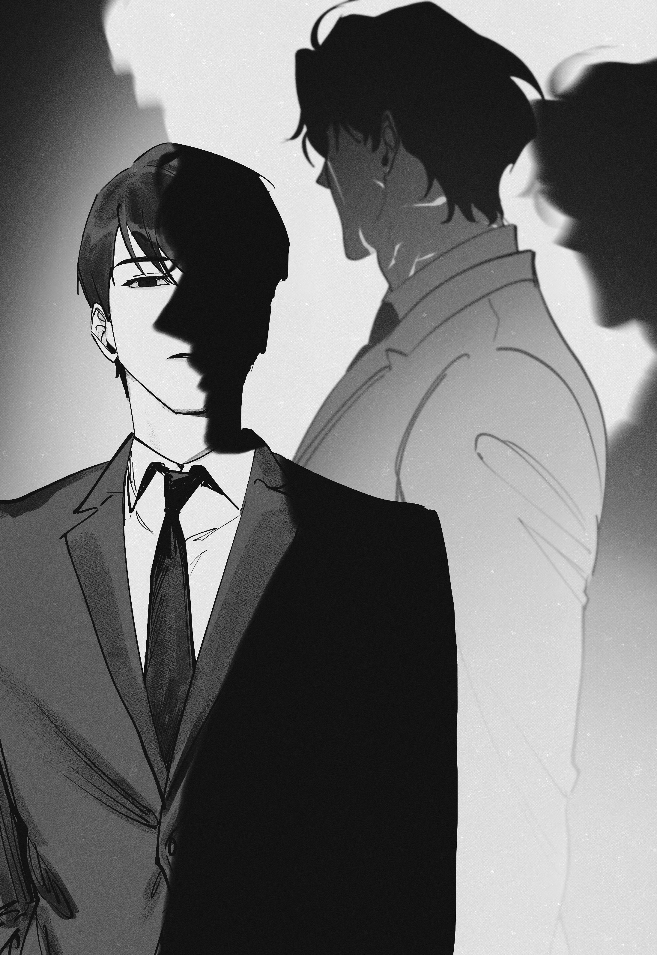kim dokja, yoo joonghyuk, omniscient reader's viewpoint, absurdres, commentary request, highres, korean commentary, 2boys, black eyes, black hair, black necktie, black vest, blank stare, collared shirt, drop shadow, eyesoffyou0003, greyscale, looking at viewer, male focus, monochrome, multiple boys, necktie, partially shaded face, shirt, short hair, upper body, vest, white shirt