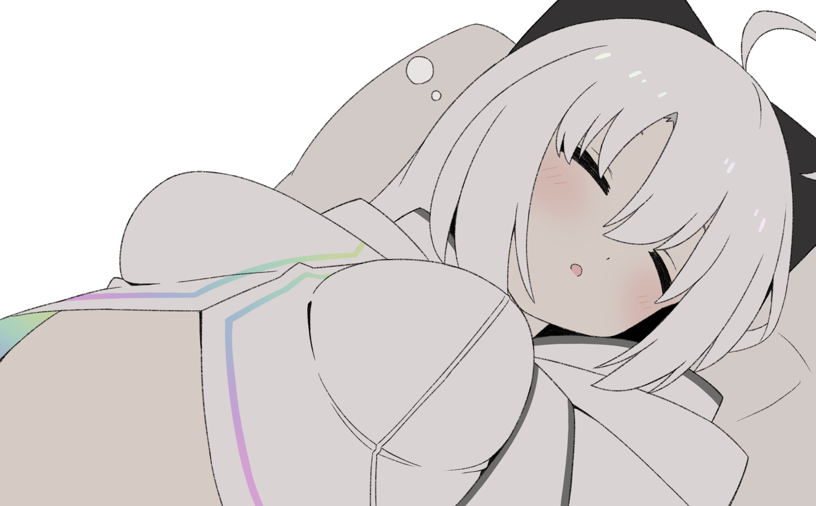 kanon (duel masters), duel masters, duel masters play's, highres, 1girl, ahoge, black bow, blush, bow, breasts, dreameater00, dress, hair bow, long hair, medium breasts, pillow, sleeping, white dress, white hair
