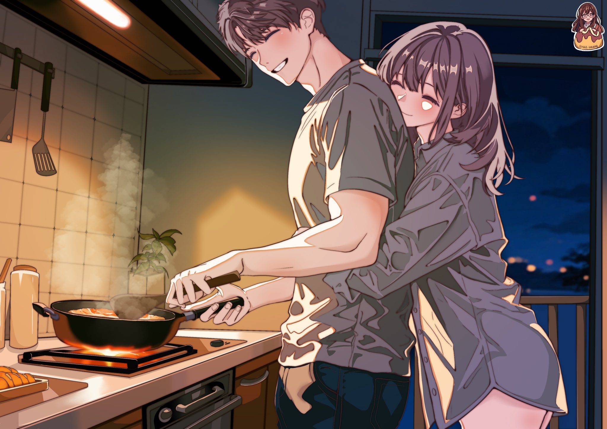 caleb (love and deepspace), protagonist (love and deepspace), love and deepspace, highres, 1boy, 1girl, blue pants, brown hair, closed eyes, closed mouth, collared shirt, cooking, couple, grey shirt, hair between eyes, hetero, holding, holding spatula, hug, hug from behind, kitchen, long hair, night, no pants, pants, parted lips, shirt, short hair, smile, spatula, tako drawing, teeth, tile wall, tiles, upper body