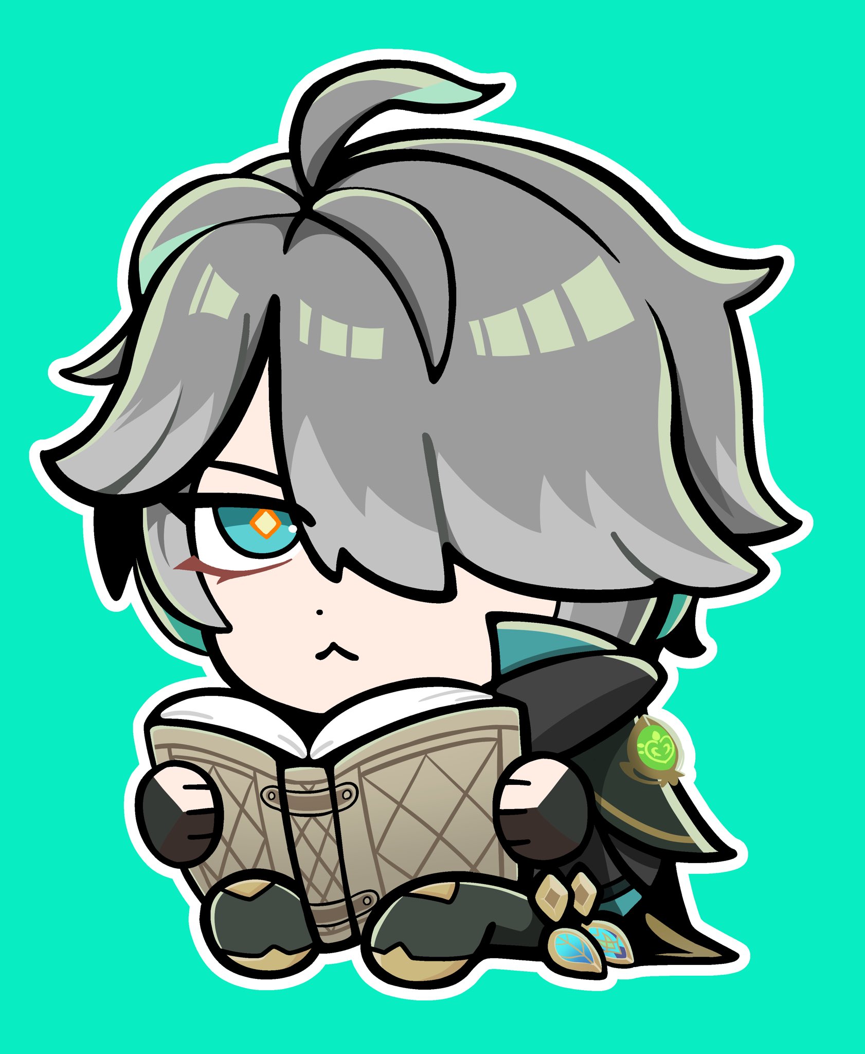 bkub, alhaitham (genshin impact), genshin impact, highres, 1boy, :<, ahoge, aqua background, aqua eyes, black gloves, black pants, black shirt, book, cape, chibi, chibi only, closed mouth, dendro symbol (genshin impact), diamond-shaped pupils, diamond (shape), dot nose, full body, gloves, grey hair, hair over one eye, holding, holding book, looking at viewer, male focus, one eye covered, outline, pants, partially fingerless gloves, shirt, short hair, side cape, simple background, sitting, solo, symbol-shaped pupils, white outline