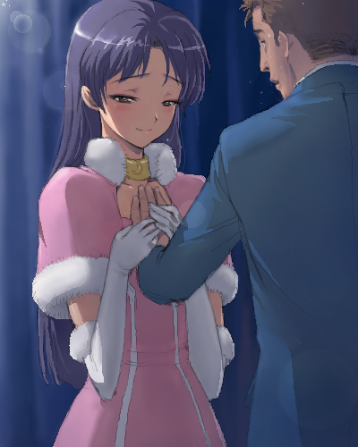 matsudo aya, kisaragi chihaya, idolmaster, idolmaster (classic), idolmaster 1, lowres, 00s, 1boy, 1girl, blush, cute & girly (idolmaster), elbow gloves, gloves, hand on another's chest, hand on own chest