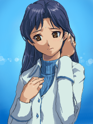 matsudo aya, kisaragi chihaya, idolmaster, idolmaster (classic), idolmaster 1, looking away, bad id, bad pixiv id, lowres, 00s, 1girl, adjusting hair, blue hair, blue sweater, brown eyes, coat, female focus, hand on own chest, hand up, head tilt, jacket, long sleeves, looking to the side, solo, sweater, upper body, white jacket, worried