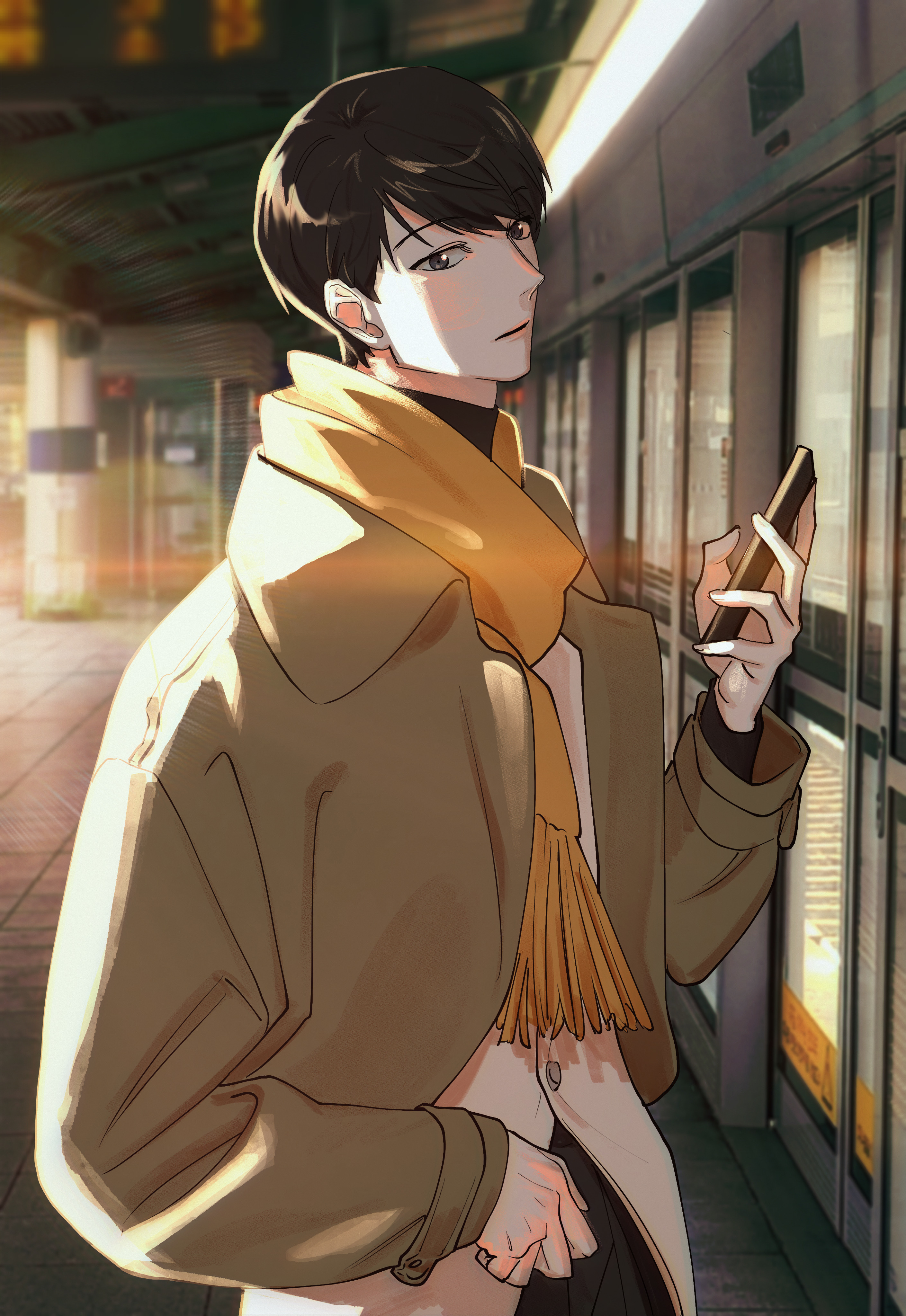 kim dokja, omniscient reader's viewpoint, absurdres, commentary request, highres, korean commentary, 1boy, alternate costume, black eyes, black hair, coat, cowboy shot, eyesoffyou0003, head tilt, holding, holding phone, looking at viewer, male focus, phone, scarf, short hair, solo, standing, subway, subway station, vest, white vest, yellow coat, yellow scarf