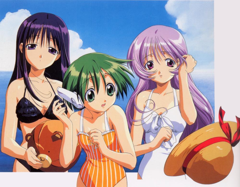 himekawa kotone, kurusugawa serika, multi (to heart), to heart, to heart (series), 3girls, android, bikini, day, green eyes, green hair, hat, long hair, multiple girls, one-piece swimsuit, purple eyes, purple hair, robot ears, short hair, striped clothes, striped one-piece swimsuit, swimsuit, vertical-striped clothes, vertical-striped one-piece swimsuit