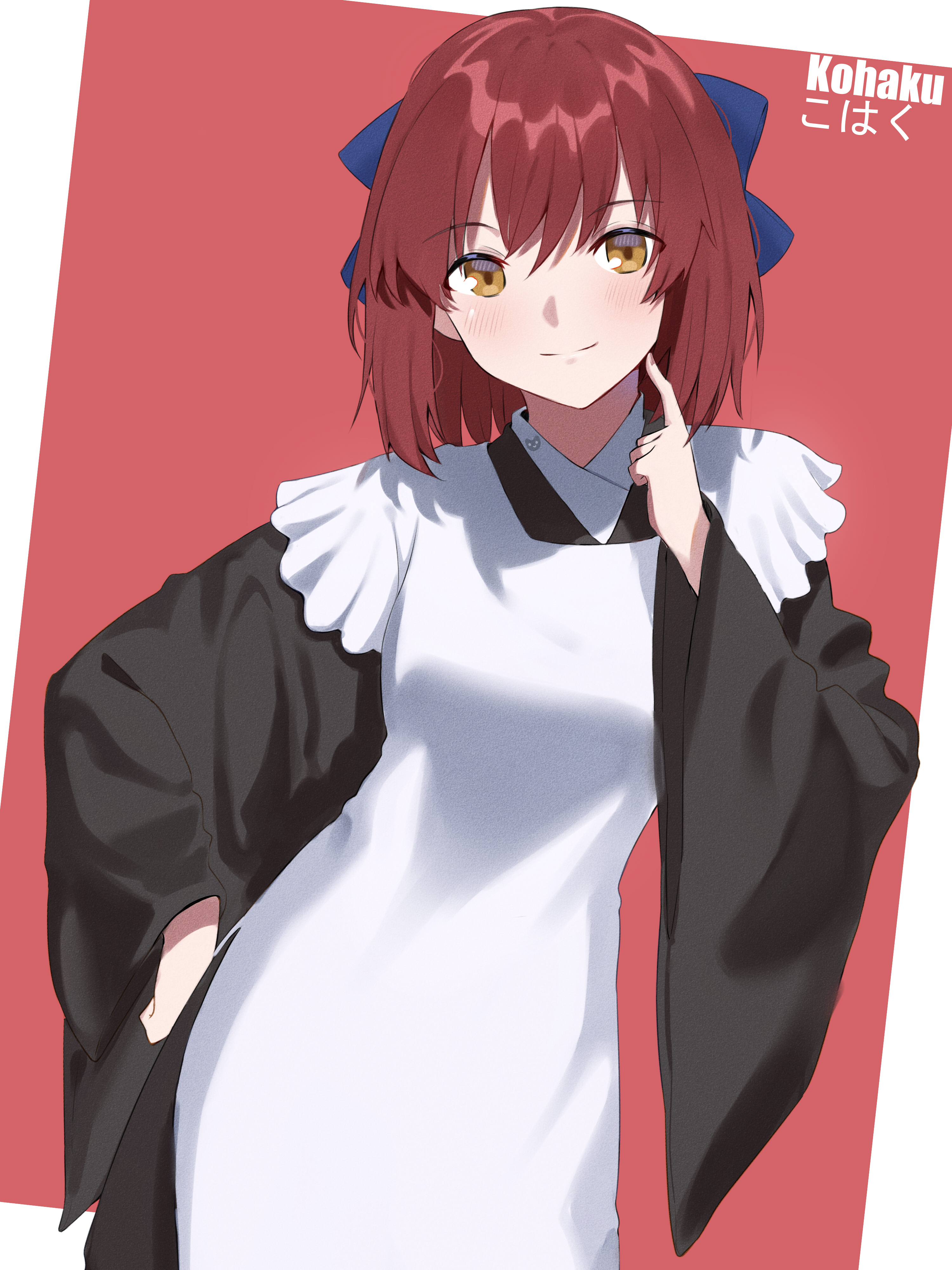 coti neko, kohaku (tsukihime), tsukihime, absurdres, commentary, highres, painttool sai (medium), 1girl, apron, black kimono, blue bow, bow, breasts, brown eyes, brown hair, character name, closed mouth, cowboy shot, finger to face, hair bow, japanese clothes, kimono, light blush, looking at viewer, maid, red background, short hair, simple background, small breasts, smile, solo, straight-on, white apron