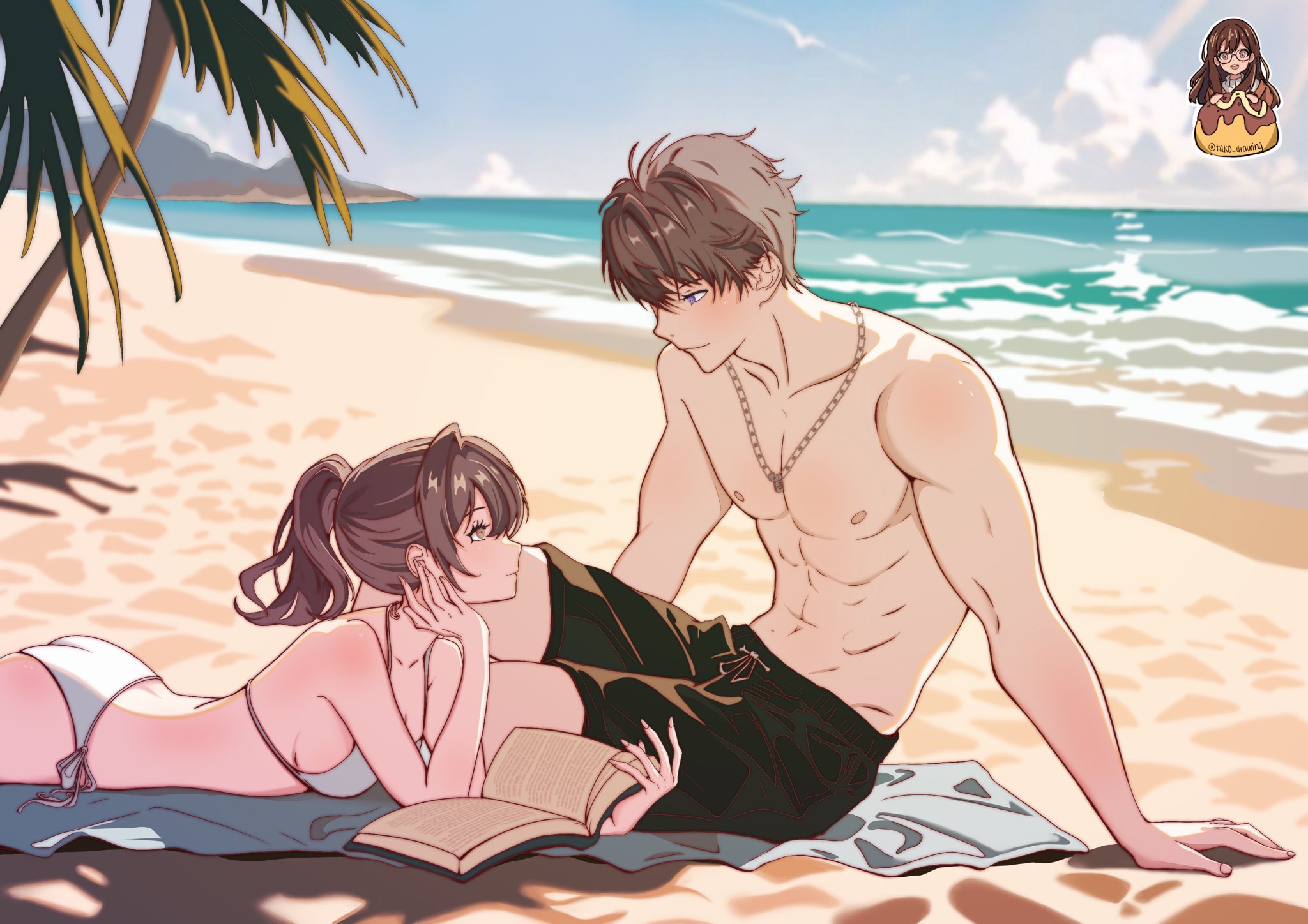 caleb (love and deepspace), protagonist (love and deepspace), love and deepspace, highres, 1boy, 1girl, bare shoulders, beach towel, bikini, black male swimwear, book, breasts, brown eyes, couple, head on hand, hetero, holding, holding book, jewelry, long hair, looking at another, lying, male swimwear, medium breasts, necklace, ocean, on stomach, palm tree, ponytail, reading, sand, short hair, sideboob, sitting, sunbathing, swimsuit, tako drawing, topless male, towel, tree, white bikini