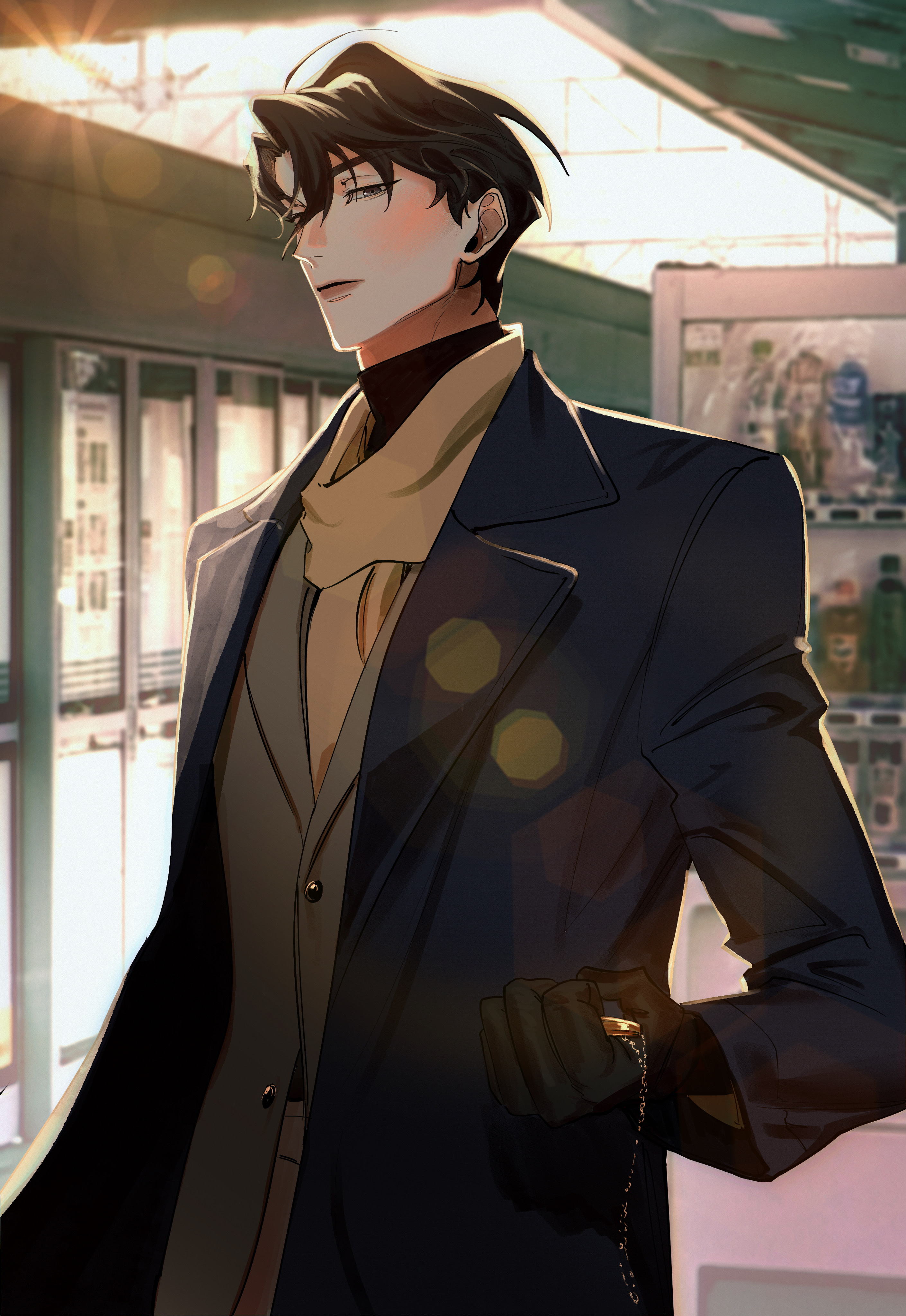 yoo joonghyuk, omniscient reader's viewpoint, absurdres, commentary request, highres, korean commentary, 1boy, black coat, black gloves, black hair, blush, coat, cowboy shot, eyesoffyou0003, gloves, grey vest, head tilt, holding, holding pocket watch, indoors, lens flare, looking at viewer, male focus, pocket watch, scarf, shop, short hair, skylight, solo, vest, watch, white scarf