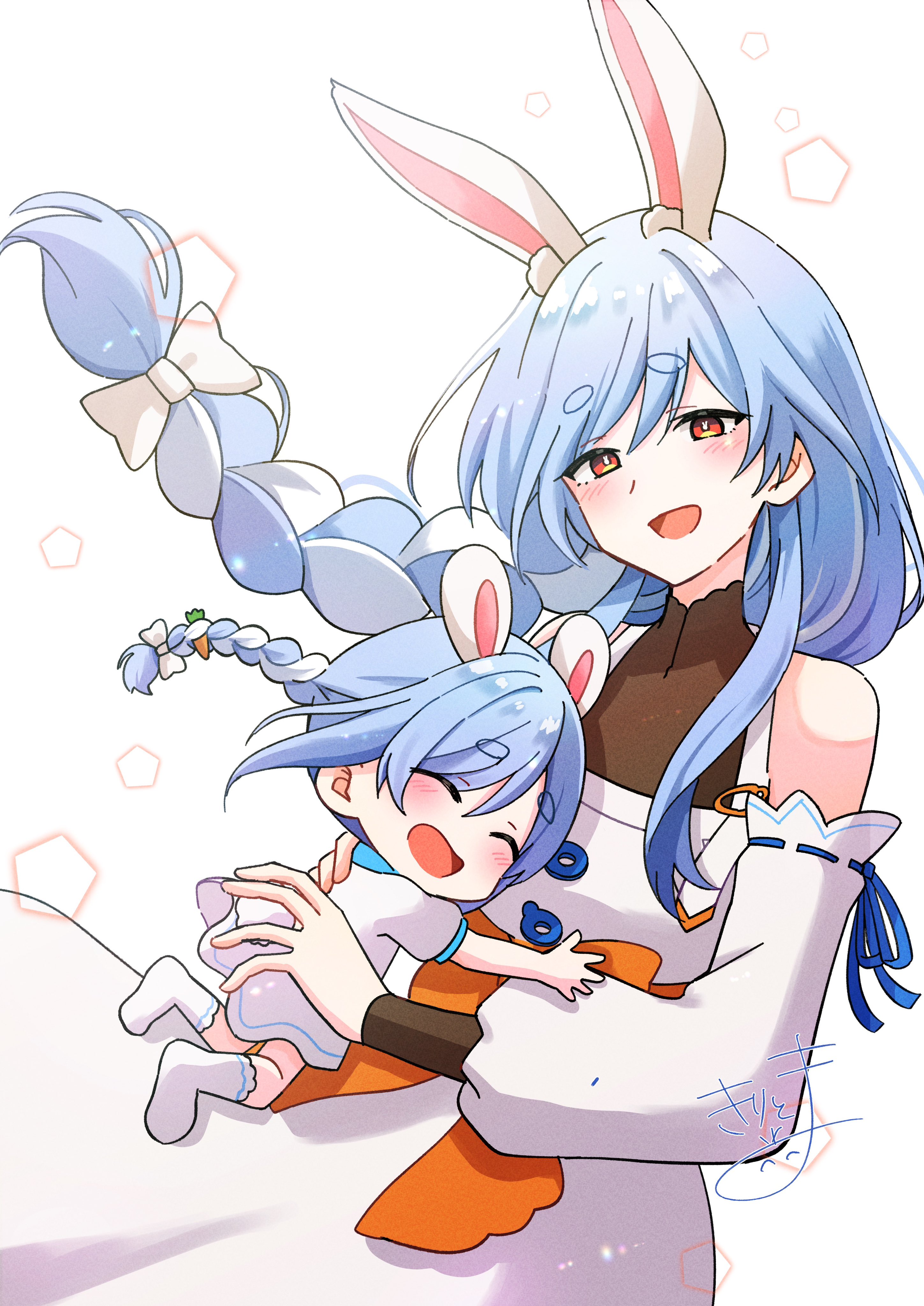 kiritoma, pekomon (usada pekora), usada pekora, hololive, absurdres, commentary request, highres, 2girls, :d, ^ ^, aged down, animal ear fluff, animal ears, bare shoulders, blue hair, blush, bow, braid, carrot hair ornament, closed eyes, detached sleeves, dress, food-themed hair ornament, hair between eyes, hair bow, hair ornament, long hair, long sleeves, mother and daughter, multicolored hair, multiple girls, no shoes, open mouth, puffy long sleeves, puffy sleeves, rabbit-shaped pupils, rabbit ears, rabbit girl, rabbit tail, red eyes, ribbon-trimmed sleeves, ribbon trim, short eyebrows, signature, single braid, smile, socks, soles, symbol-shaped pupils, tail, thick eyebrows, twin braids, twintails, two-tone hair, very long hair, virtual youtuber, white background, white bow, white dress, white hair, white sleeves, white socks