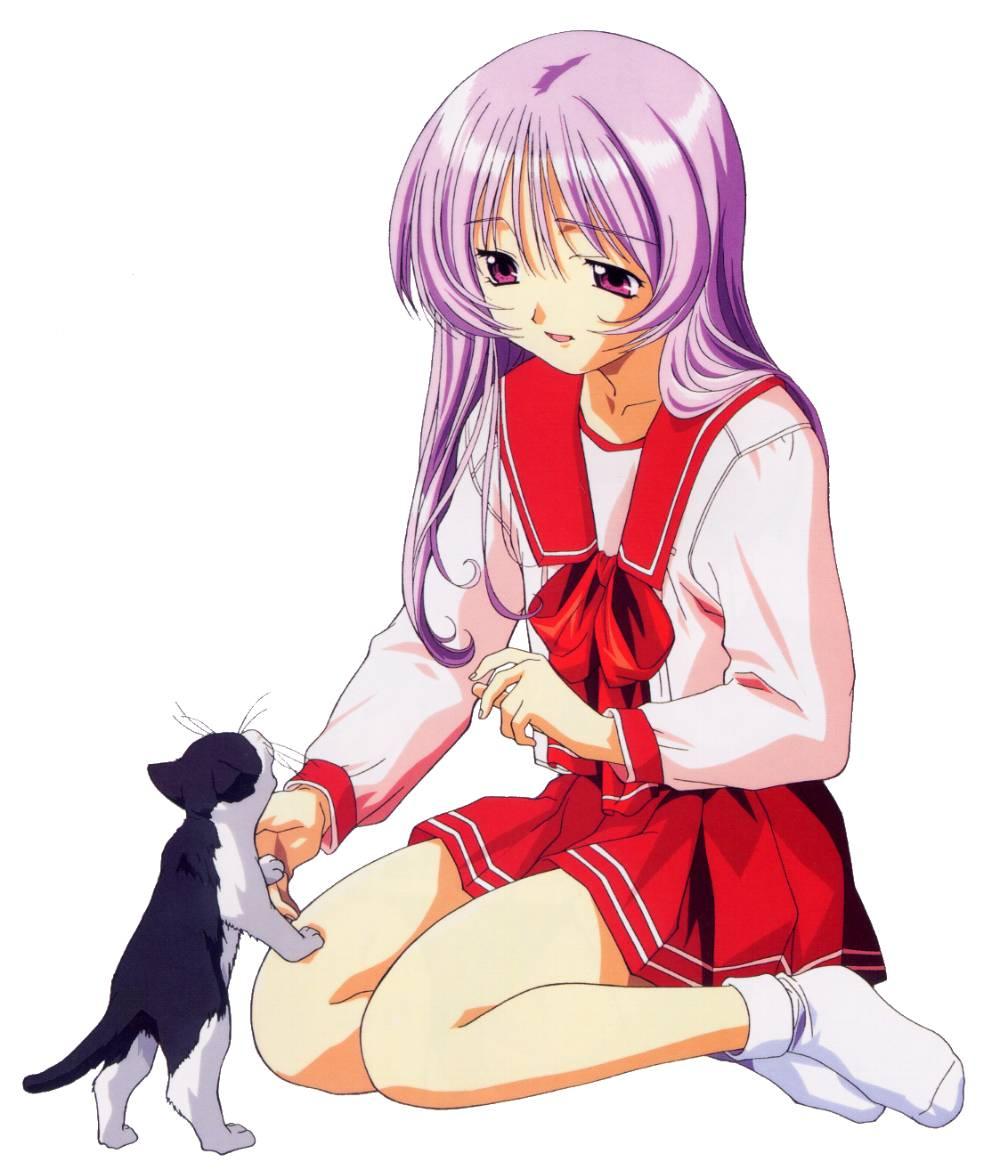 himekawa kotone, to heart, to heart (series), cat, kneeling, purple eyes, purple hair, school uniform, serafuku, solo
