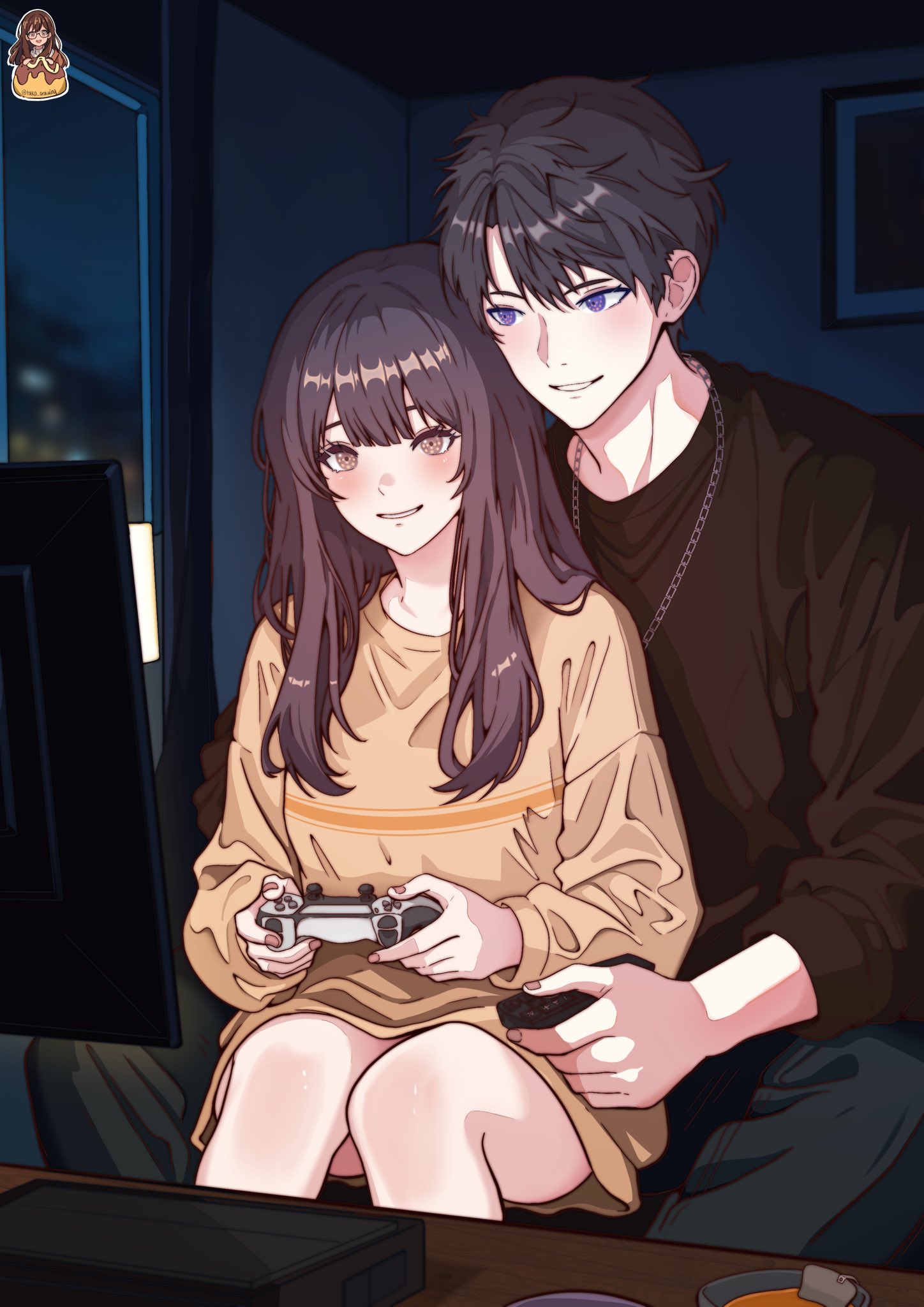 caleb (love and deepspace), protagonist (love and deepspace), love and deepspace, highres, 1boy, 1girl, black hair, black pants, blue eyes, blush, breasts, brown eyes, brown hair, brown sweater, chain, chain necklace, controller, couple, game controller, hair between eyes, hetero, holding, holding controller, holding game controller, indoors, jewelry, long hair, long sleeves, medium breasts, necklace, no pants, pants, parted lips, playing games, short hair, smile, sweater, tako drawing, yellow sweater