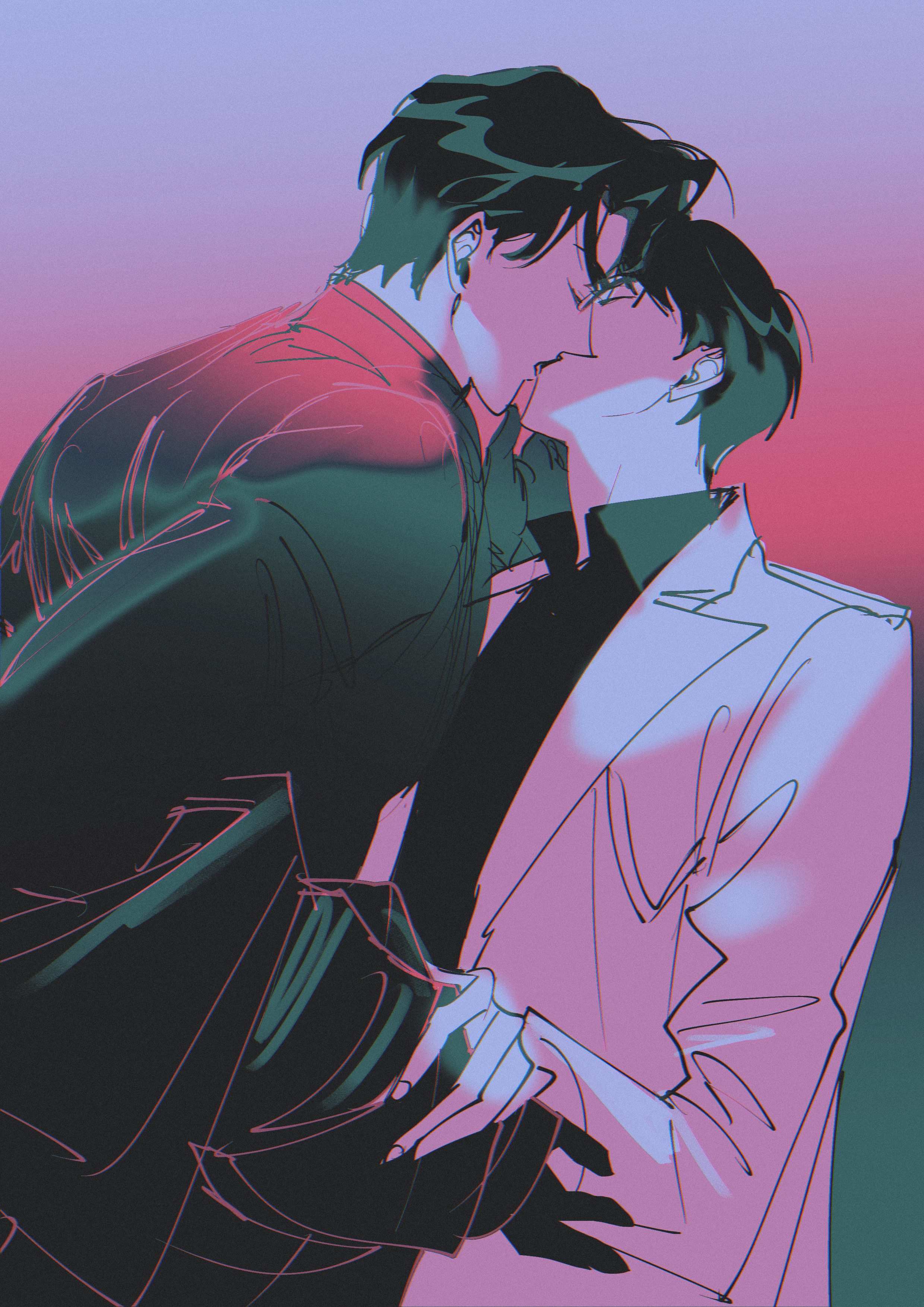 kim dokja, yoo joonghyuk, omniscient reader's viewpoint, absurdres, commentary request, highres, korean commentary, 2boys, black coat, black hair, black shirt, closed eyes, coat, collared shirt, cowboy shot, eyesoffyou0003, hand on another's wrist, jacket, jacket partially removed, kiss, limited palette, male focus, multiple boys, open clothes, open coat, popped collar, shirt, short hair, white coat, yaoi
