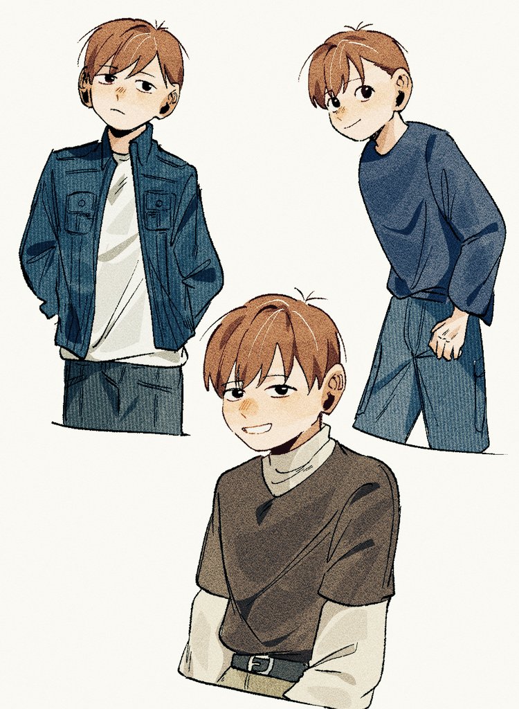 0a 9 (pixiv82791714), chilchuck tims, dungeon meshi, 1boy, belt, black belt, black shirt, blue pants, brown hair, closed mouth, cowboy shot, cowlick, cropped legs, denim, denim jacket, hands in pockets, jacket, light frown, male focus, multiple views, pants, parted lips, shirt, shirt under shirt, short hair, smile, solo, upper body, white background, white shirt