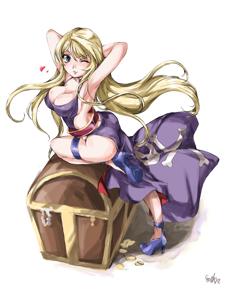 b. jenet, b.jenet, fatal fury, garou: mark of the wolves, snk, the king of fighters, artist request, 1girl, armpits, arms up, ass, bare shoulders, belt, blonde hair, blue eyes, blush, bracelet, breasts, cleavage, collar, curvy, dress, female focus, fingerless gloves, gloves, heart, high heels, highleg, highleg panties, hip focus, jewelry, large breasts, legband, legs, long hair, muscular, no bra, one eye closed, panties, pirate, purple panties, shoes, solo, thigh strap, thighs, thong, treasure chest, underwear, wide hips, wink