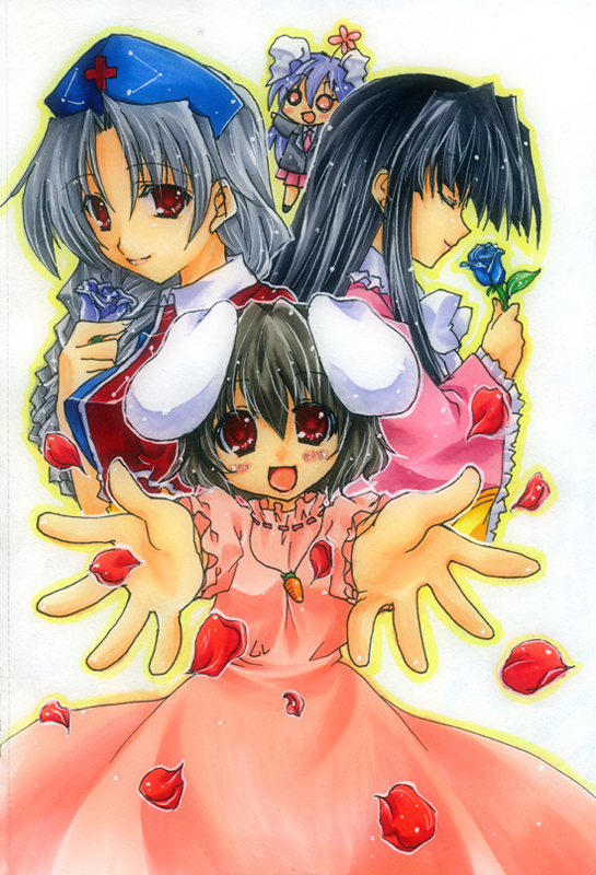 imoko., maiko (artist), houraisan kaguya, inaba tewi, reisen udongein inaba, yagokoro eirin, touhou, 4girls, animal ears, black hair, female focus, hat, long hair, multiple girls, purple hair, rabbit ears, ribbon, short hair, white hair