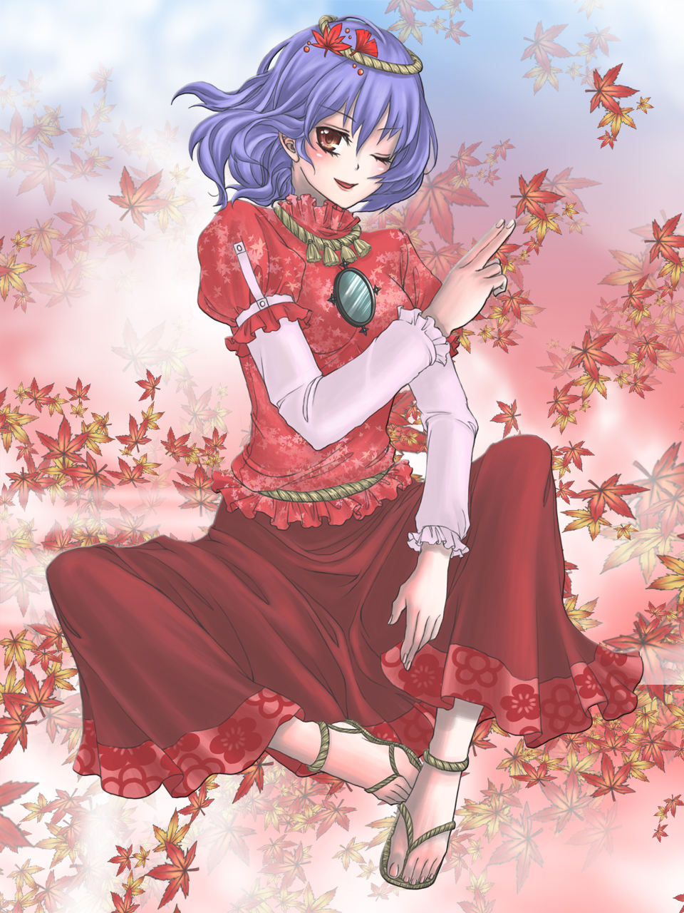 yuu (hi lite), yasaka kanako, touhou, highres, 1girl, blue hair, female focus, hair ornament, layered sleeves, leaf, leaf hair ornament, long sleeves, rope, short hair, short over long sleeves, short sleeves, solo, yuu wa