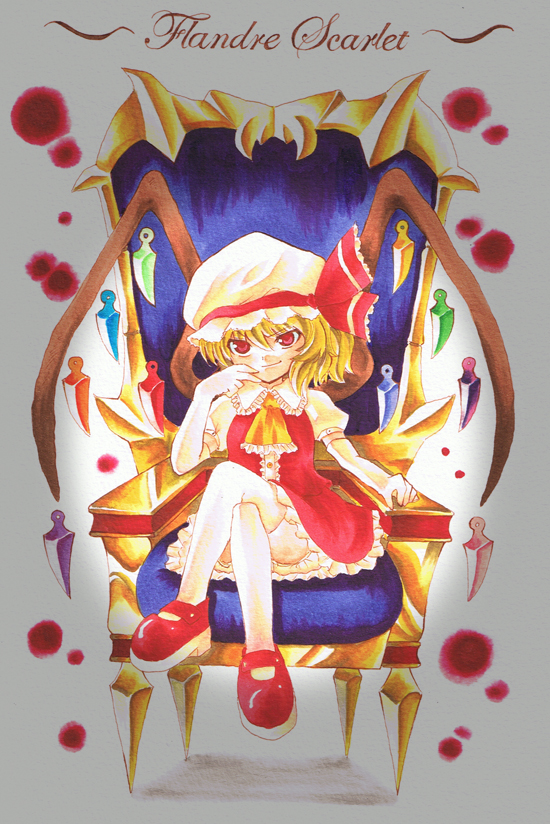 kidanieru, flandre scarlet, embodiment of scarlet devil, touhou, bad id, bad pixiv id, 1girl, blonde hair, blouse, collared shirt, female focus, hair between eyes, hat, mob cap, red eyes, red shoes, ribbon, shirt, shoes, short hair, solo, thighhighs, white hat, white shirt, white thighhighs, wings