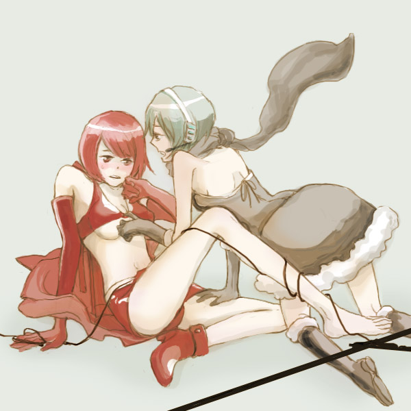 chloe n, kaiko (vocaloid), kaito (vocaloid), meiko (vocaloid), vocaloid, bad id, bad pixiv id, 2girls, barefoot, blush, breasts, cable, feet, genderswap, genderswap (mtf), high heels, multiple girls, scarf, shoes, single shoe, underboob, yuri