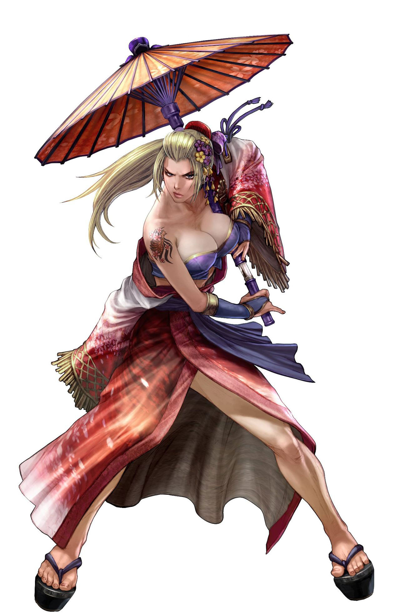 setsuka, soul calibur, soulcalibur, soulcalibur iv, highres, official art, 1girl, blonde hair, blue eyes, breasts, bridal gauntlets, cleavage, concealed weapon, female focus, japanese clothes, kimono, large breasts, long hair, oil-paper umbrella, ponytail, sandals, sheath, solo, sword, tattoo, umbrella, unsheathing, weapon