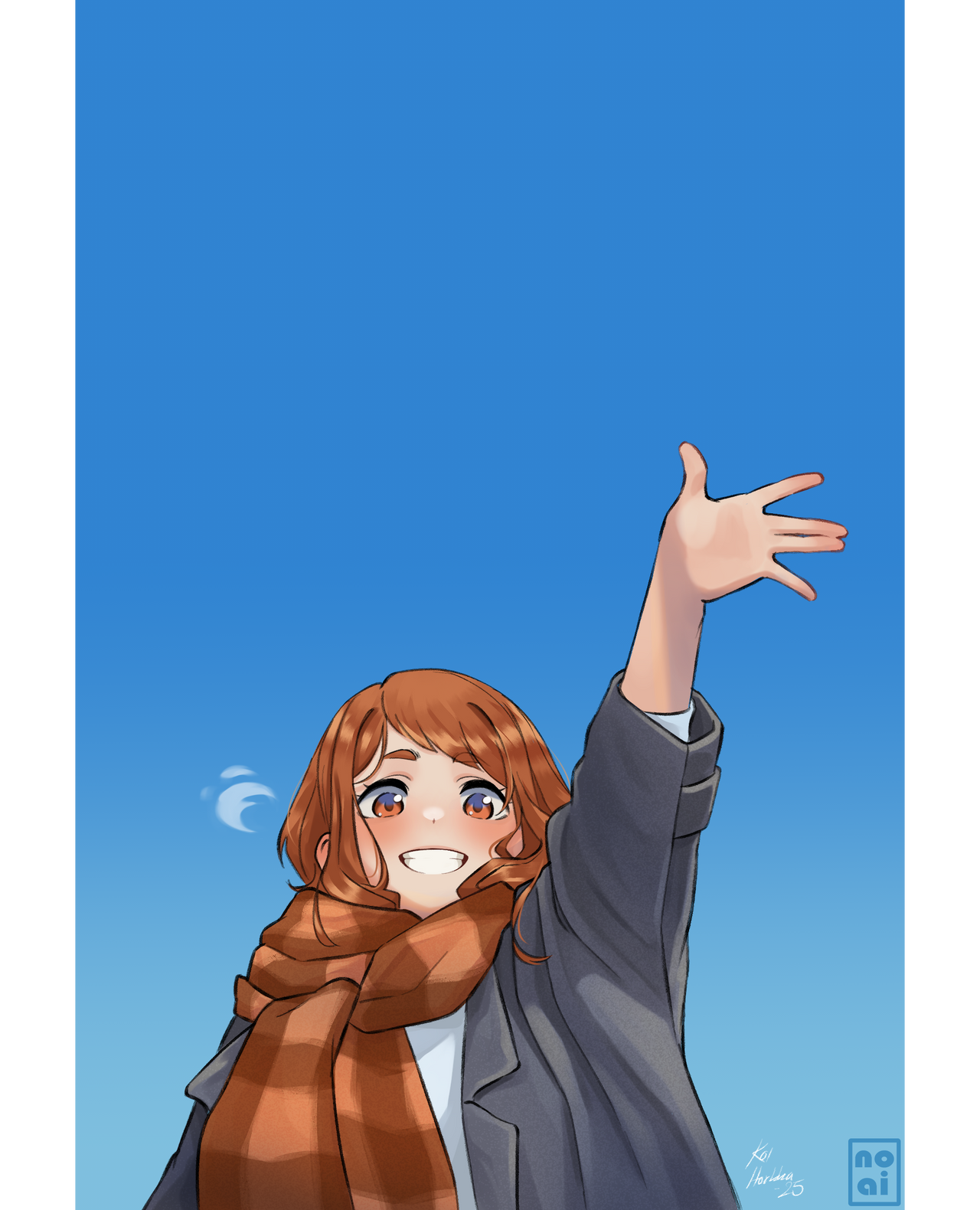 koihorkka, uraraka ochako, boku no hero academia, commentary, english commentary, highres, 1girl, arm up, artist name, blue sky, blush, brown eyes, brown hair, brown scarf, dated, day, eyelashes, grey jacket, jacket, scarf, signature, sky, smile, solo, teeth, upper body, waving