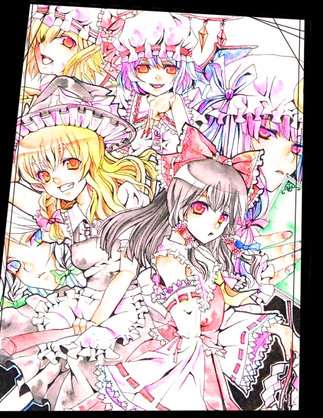 n-mix, flandre scarlet, hakurei reimu, izayoi sakuya, kirisame marisa, patchouli knowledge, remilia scarlet, touhou, bad id, bad pixiv id, 6+girls, armpits, blonde hair, broom, female focus, hat, mob cap, multiple girls, ribbon, wings