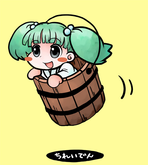 itsukage, kisume, touhou, 1girl, bucket, chibi, female focus, green hair, in bucket, in container, simple background, solo, twintails