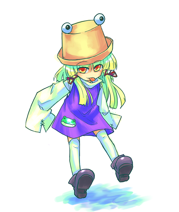 stroma, moriya suwako, touhou, 1girl, blonde hair, chibi, dress, female focus, full body, hat, ribbon, short hair, solo, thighhighs, tongue, white background