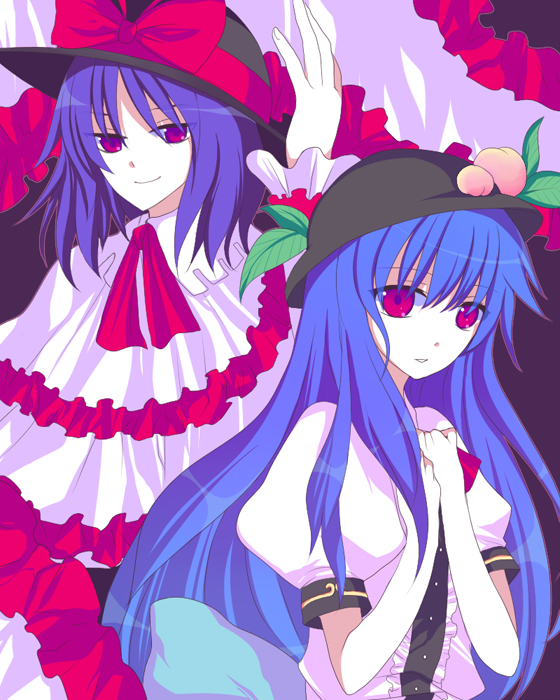 harano, hinanawi tenshi, nagae iku, touhou, bad id, bad pixiv id, 2girls, blue hair, capelet, female focus, food, fruit, hat, long hair, multiple girls, peach, ribbon, short hair, standing