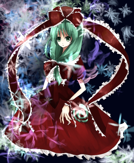 ham (points), kagiyama hina, touhou, bad id, bad pixiv id, 1girl, female focus, front ponytail, green hair, long hair, ribbon, solo
