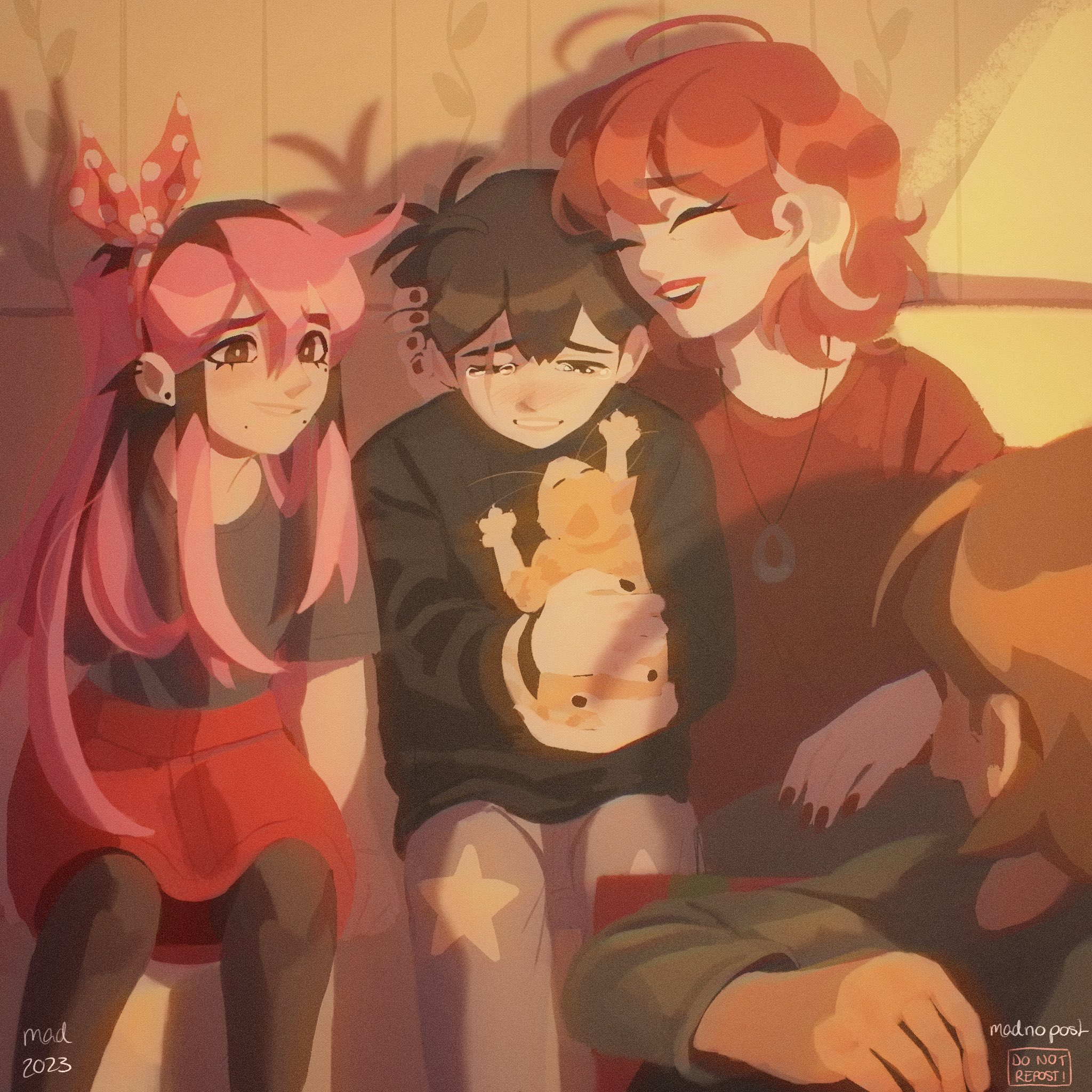 madnopost, aubrey (faraway) (omori), aubrey (omori), kel (faraway) (omori), kel (omori), sunny's mom (omori), sunny (omori), omori, highres, spoilers, 2023, 2boys, 2girls, alternate costume, animal, antenna hair, artist name, black eyes, black hair, black pantyhose, black shirt, black sweater, bright pupils, brown hair, cat, claus (omori), closed eyes, collarbone, dark-skinned male, dark skin, double-parted bangs, ear piercing, grey pants, hair between eyes, holding, holding animal, jewelry, long hair, long sleeves, looking at another, mole, mole under eye, mole under mouth, mother and son, multiple boys, multiple girls, necklace, one eye closed, open mouth, pants, pantyhose, parted lips, piercing, pink hair, polka dot hairband, red lips, red nails, red skirt, scar, scar across eye, scar on face, shirt, short hair, short sleeves, sitting, skirt, sweater, t-shirt, tearing up, white pupils