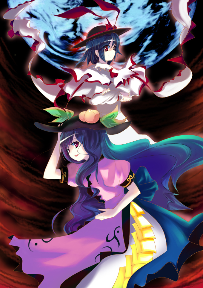 cofepig, hinanawi tenshi, nagae iku, touhou, bad id, bad pixiv id, 2girls, blue hair, female focus, food, fruit, hat, long hair, multiple girls, peach, ribbon, short hair