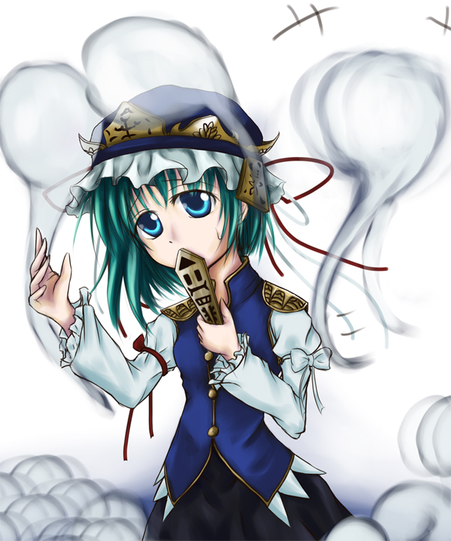 gr (artist), shiki eiki, touhou, 1girl, female focus, ghost, green hair, hat, ribbon, rod of remorse, short hair, solo, standing, white background