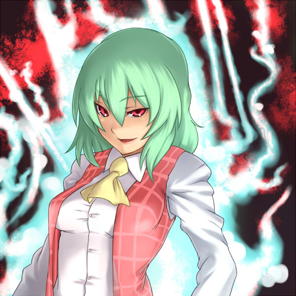 houtengeki, kazami yuuka, touhou, 1girl, ascot, breasts, evil smile, female focus, glowing, green hair, large breasts, plaid clothes, plaid vest, red eyes, ribbon, shaded face, shirt, short hair, smile, solo, vest