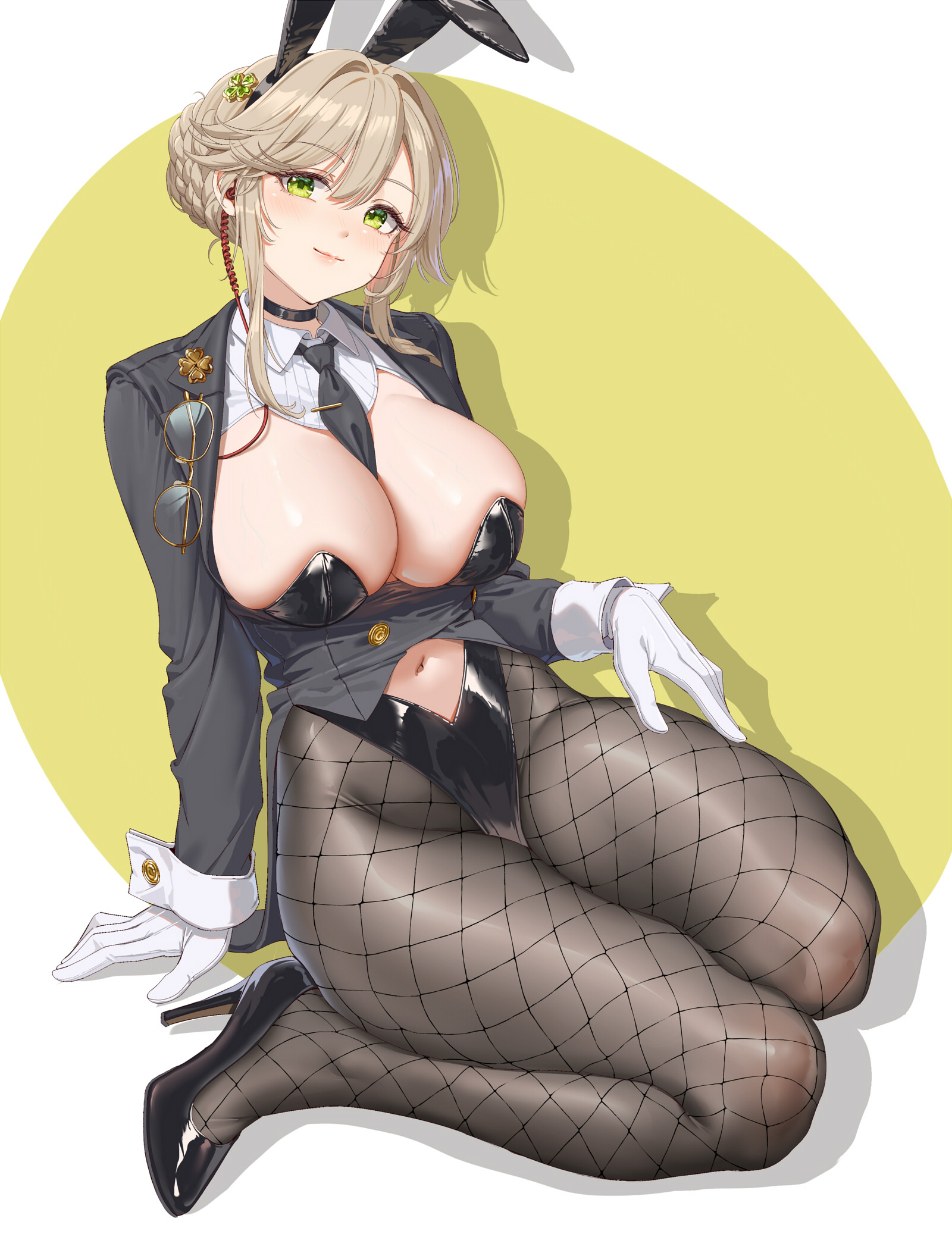 fangxiang cuoluan, ade (agent bunny) (nikke), ade (nikke), goddess of victory: nikke, highres, 1girl, animal ears, black choker, black leotard, black necktie, black pantyhose, black shoes, blush, breasts, brown hair, choker, closed mouth, clothing cutout, fake animal ears, full body, glasses, gloves, green eyes, high heels, highleg, highleg leotard, large breasts, leotard, long sleeves, looking at viewer, navel cutout, necktie, official alternate costume, pantyhose, rabbit ears, shoes, sidelocks, simple background, sitting, smile, solo, thighs, unworn eyewear, white gloves