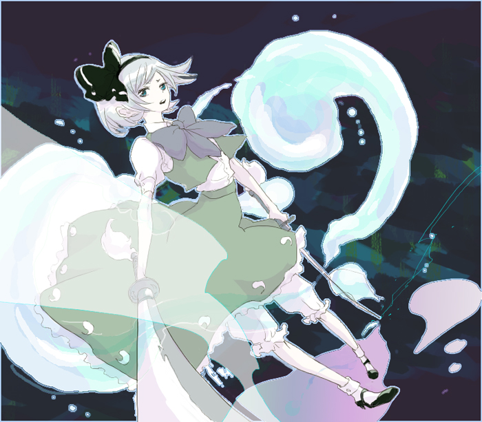 chloe n, konpaku youmu, konpaku youmu (ghost), touhou, bad id, bad pixiv id, 1girl, aqua eyes, dual wielding, female focus, ghost, hairband, hitodama, holding, katana, ribbon, school uniform, serafuku, short hair, solo, sword, tanto, weapon, white hair