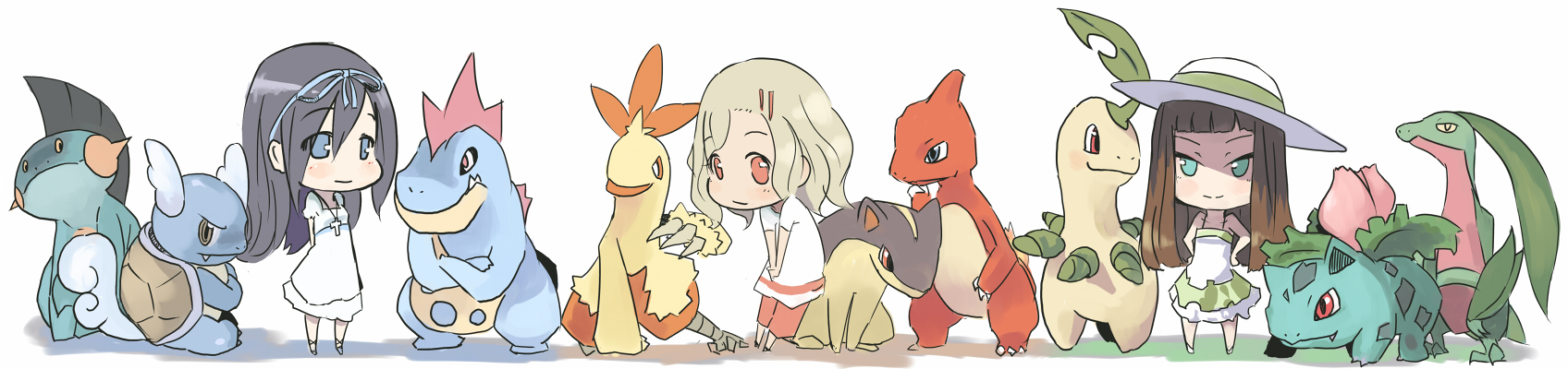 jitsu hidari, bayleef, charmeleon, combusken, croconaw, grovyle, ivysaur, marshtomp, quilava, wartortle, nintendo, pokemon, pokemon gsc, pokemon rgby, pokemon rse, highres, long image, wide image, 00s, 1990s (style), 3girls, bow, chibi, gen 1 pokemon, gen 2 pokemon, gen 3 pokemon, hair ornament, hairclip, hat, leaf, multiple girls, pokemon (creature), retro artstyle, starter pokemon trio