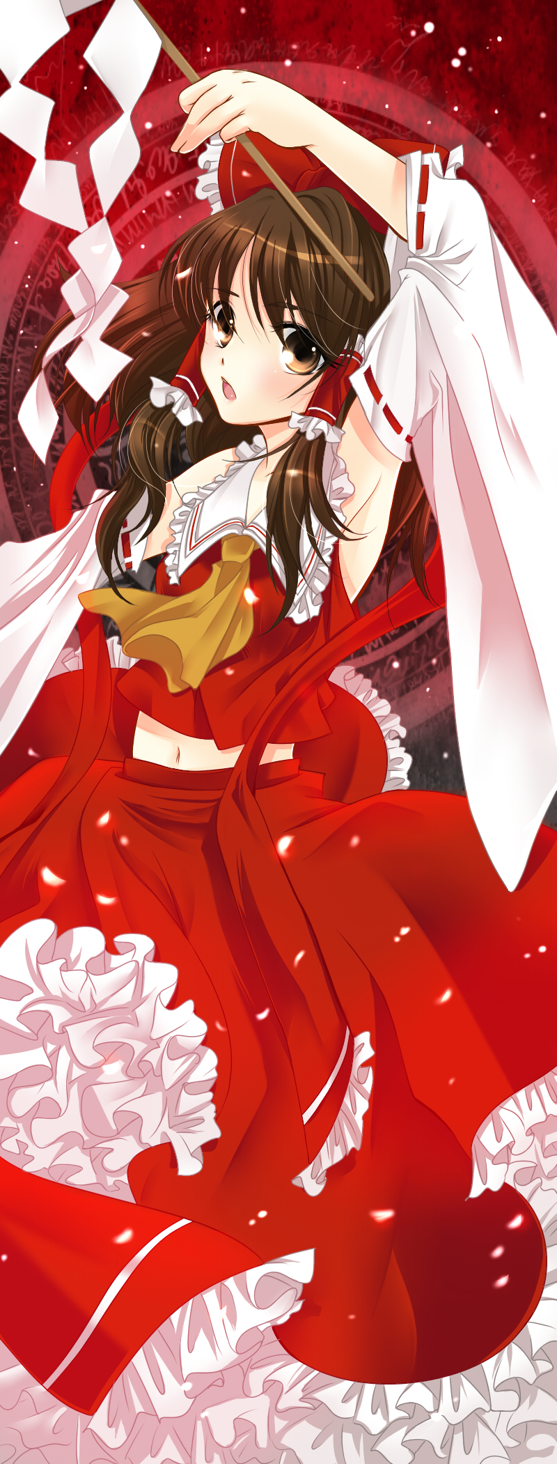 ainili, hakurei reimu, touhou, bad id, bad pixiv id, highres, 1girl, armpits, ascot, brown eyes, brown hair, female focus, gohei, japanese clothes, long hair, miko, red theme, ribbon, solo, yellow ascot